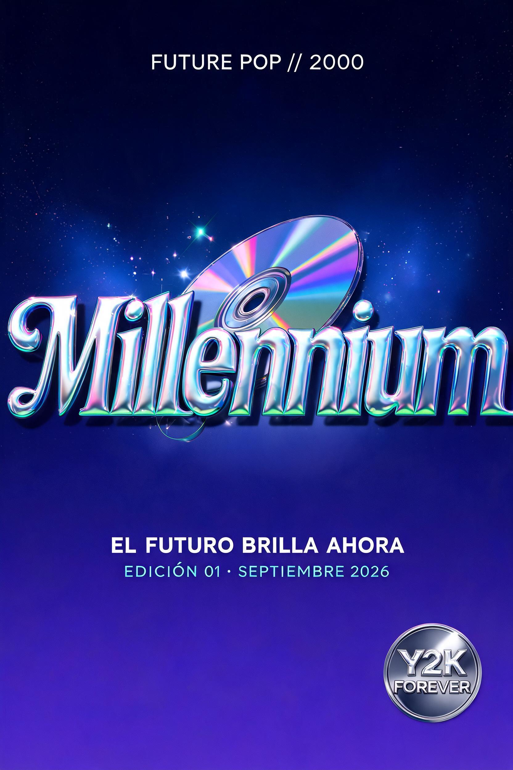 "Millennium
FUTURE POP // 2000
EL FUTURO BRILLA AHORA
EDICIÓN 01 · SEPTIEMBRE 2026
Y2K FOREVER" — Y2k | AI Text Effect Generator