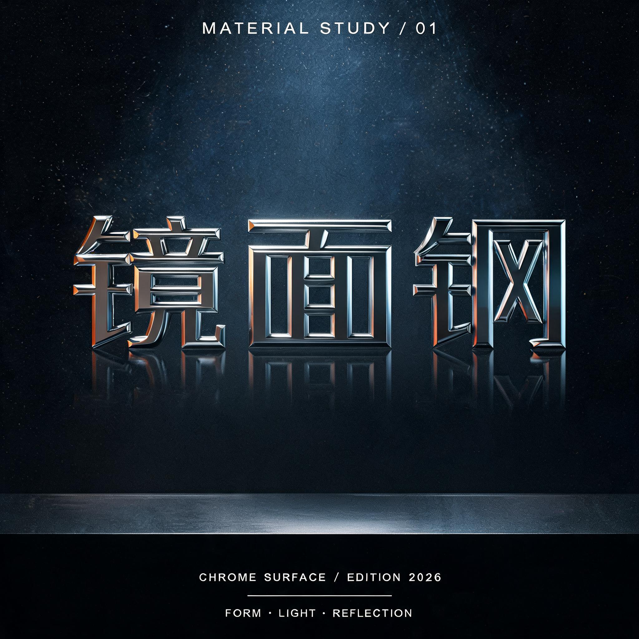 "镜面钢
MATERIAL STUDY / 01
CHROME SURFACE / EDITION 2026
FORM · LIGHT · REFLECTION" — Metallic | AI Text Effect Generator