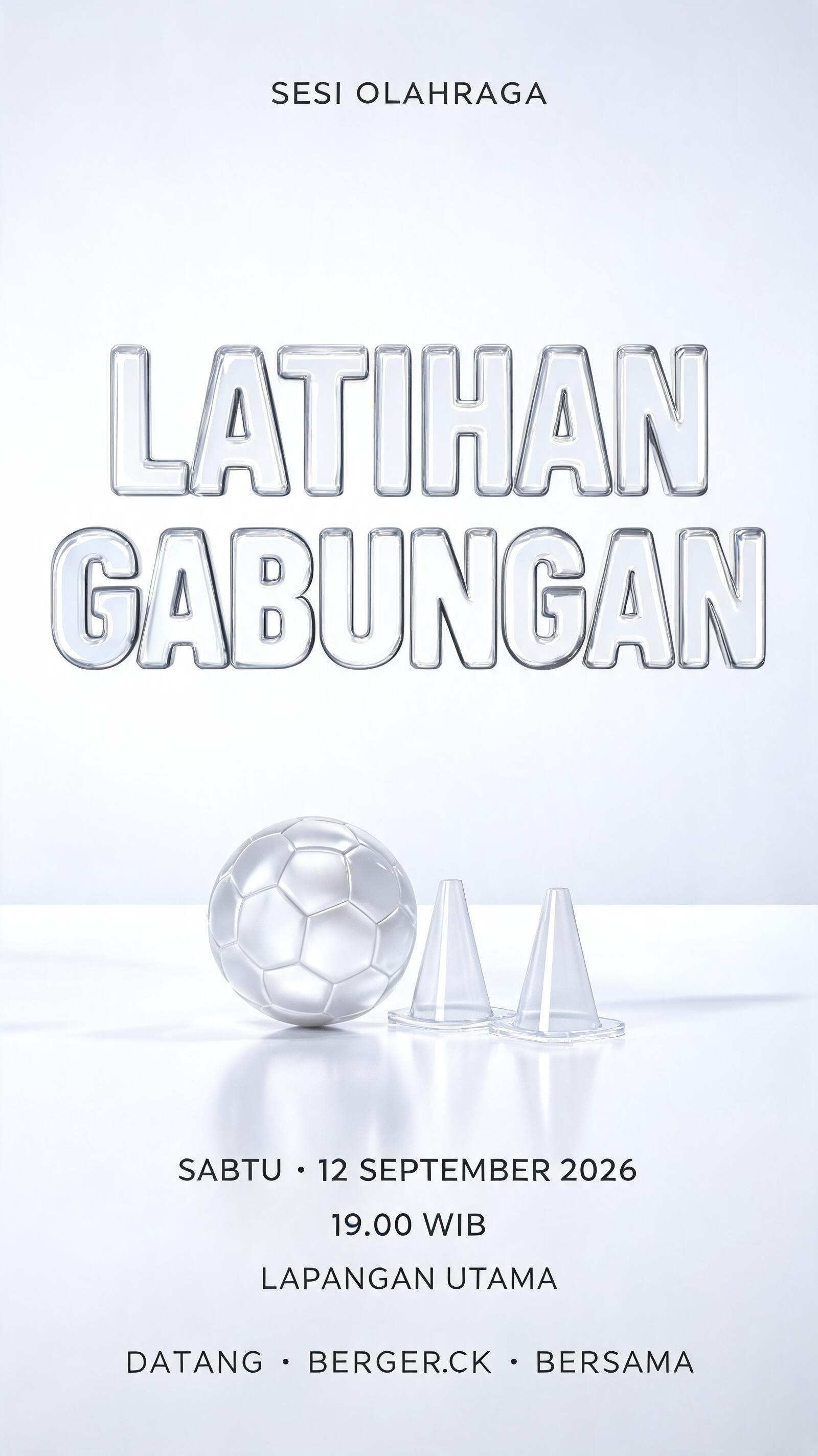 "SESI OLAHRAGA
LATIHAN
GABUNGAN
SABTU • 12 SEPTEMBER 2026
19.00 WIB
LAPANGAN UTAMA
DATANG • BERGERAK • BERSAMA" — Glass Liquid | AI Text Effect Generator