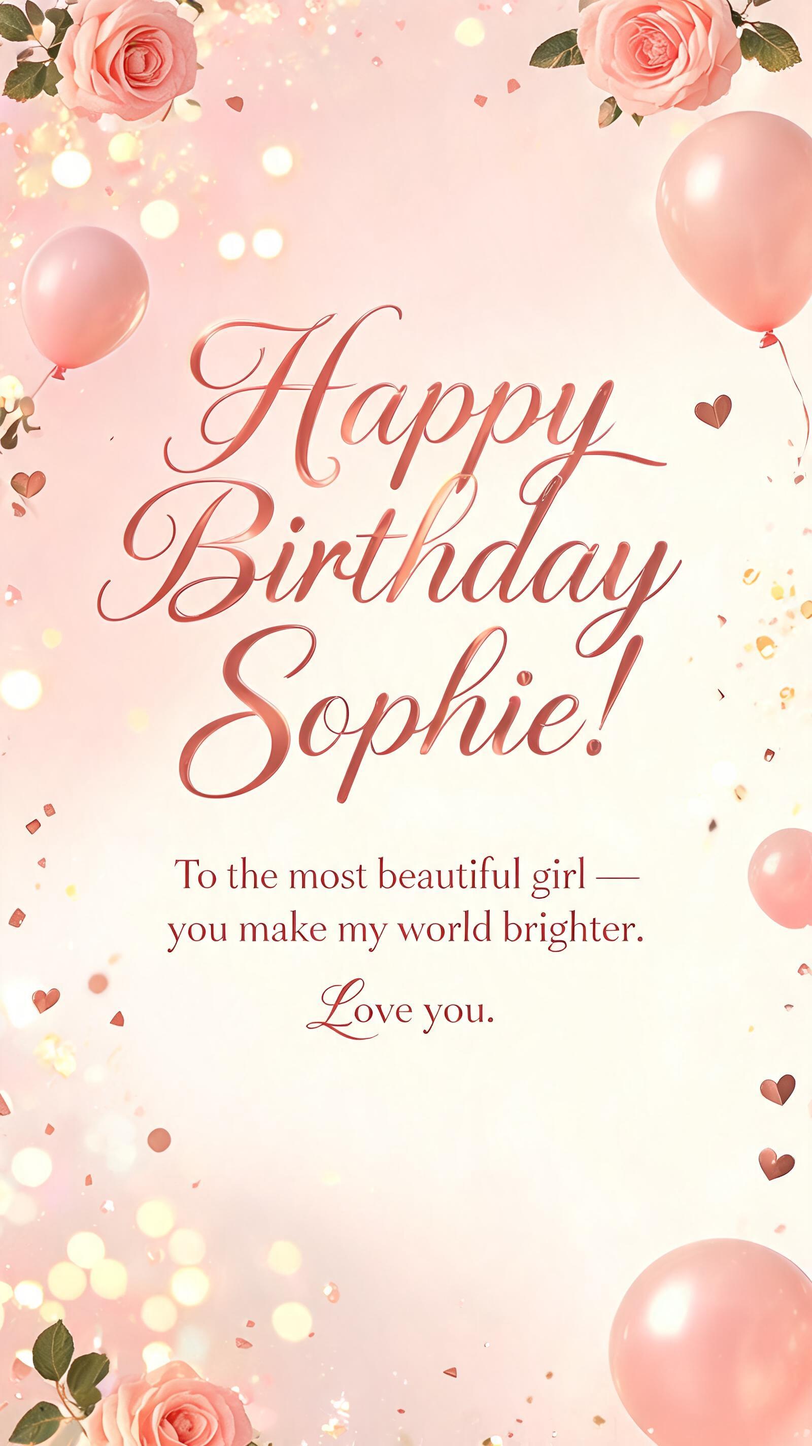 "Happy Birthday Sophie!
To the most beautiful girl — you make my world brighter. Love you." — Birthday | AI Text Effect Generator