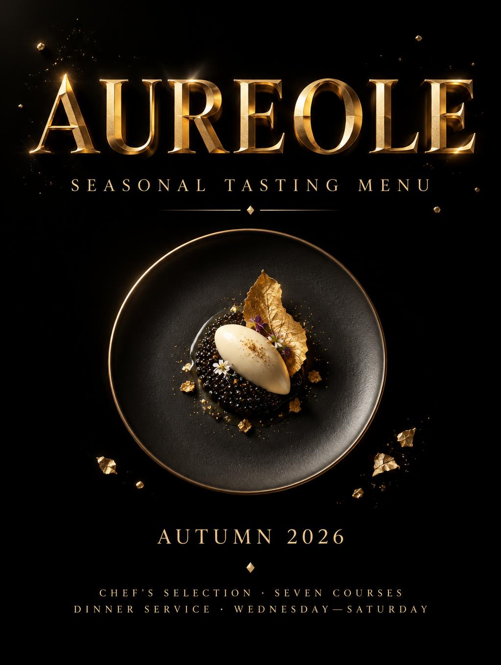 "AUREOLE
SEASONAL TASTING MENU
AUTUMN 2026
CHEF'S SELECTION · SEVEN COURSES
DINNER SERVICE · WEDNESDAY—SATURDAY" — Luxury Gold | AI Text Effect Generator