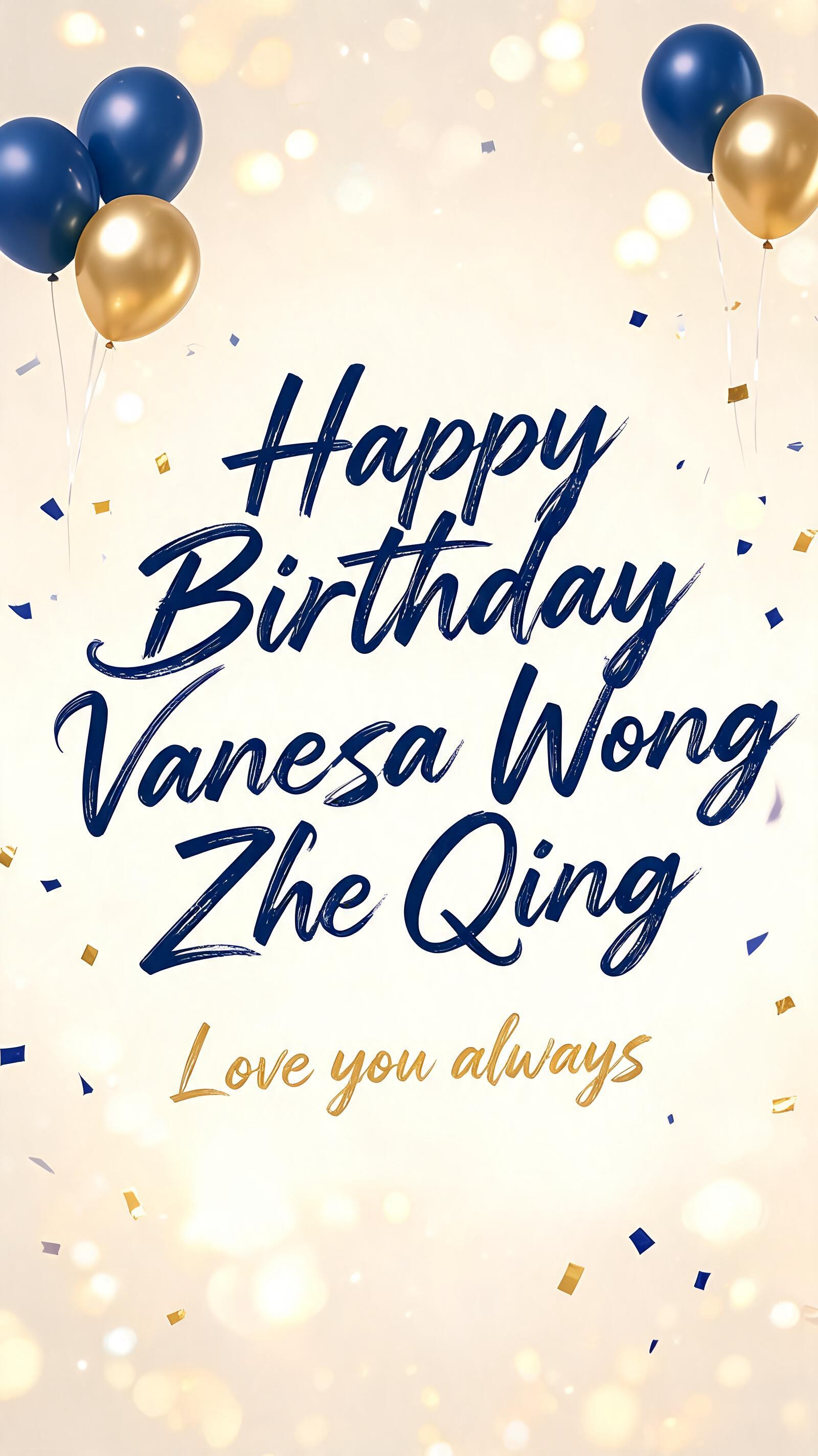 "Happy Birthday Vanessa Wong Zhe Qing
Love you always" — Birthday | AI Text Effect Generator