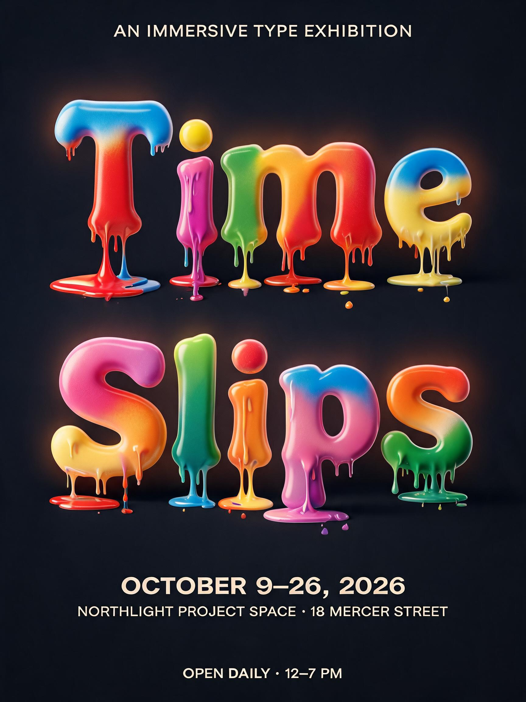 "Time
Slips
AN IMMERSIVE TYPE EXHIBITION
OCTOBER 9–26, 2026
NORTHLIGHT PROJECT SPACE · 18 MERCER STREET
OPEN DAILY · 12–7 PM" — Drip Font Melting | AI Text Effect Generator