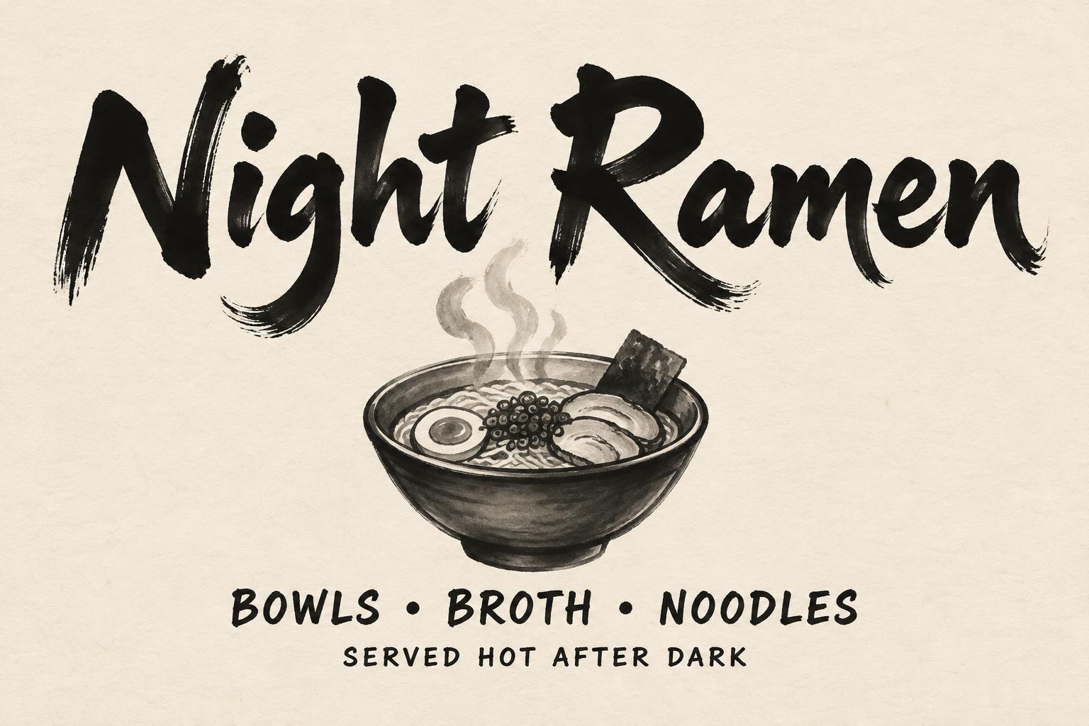 "Night Ramen
BOWLS • BROTH • NOODLES
SERVED HOT AFTER DARK" — Brush Japanese Ink | AI Text Effect Generator