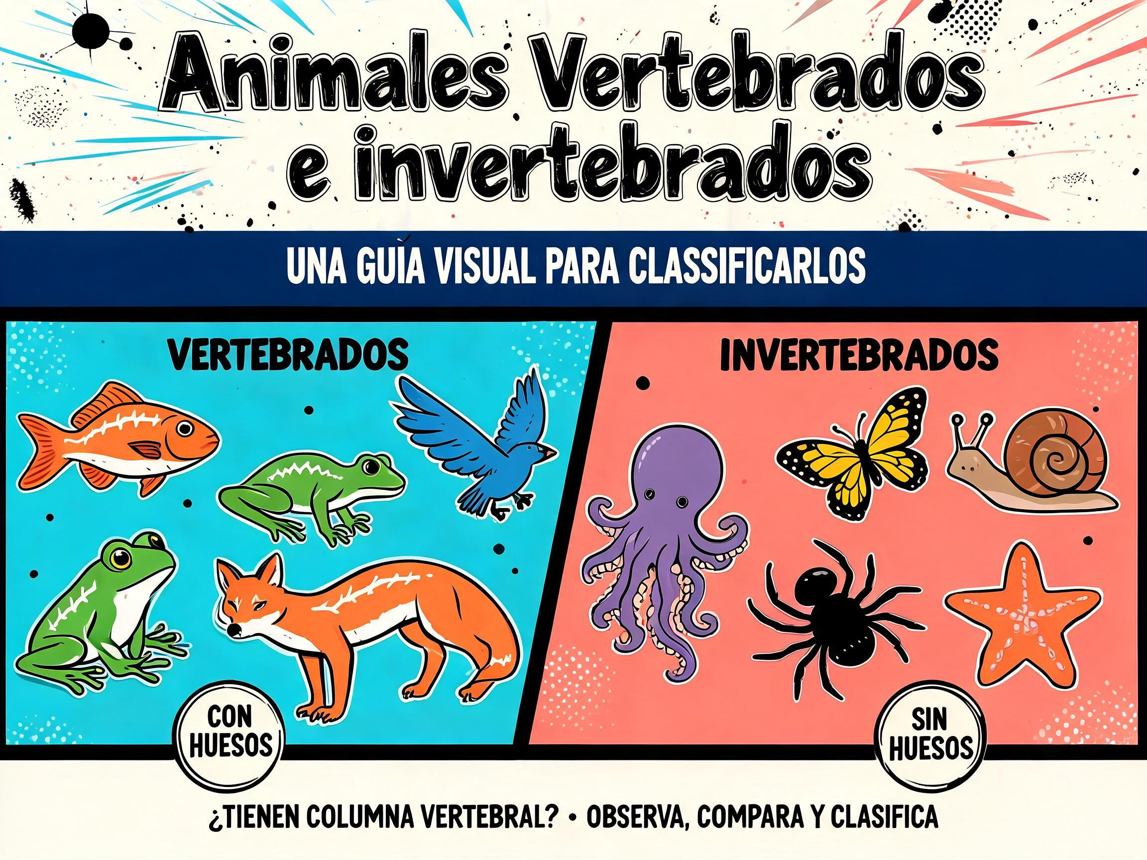 "Animales Vertebrados
e invertebrados
UNA GUÍA VISUAL PARA CLASIFICARLOS
VERTEBRADOS
INVERTEBRADOS
¿TIENEN COLUMNA VERTEBRAL? • OBSERVA, COMPARA Y CLASIFICA
CON HUESOS
SIN HUESOS" — Anime | AI Text Effect Generator