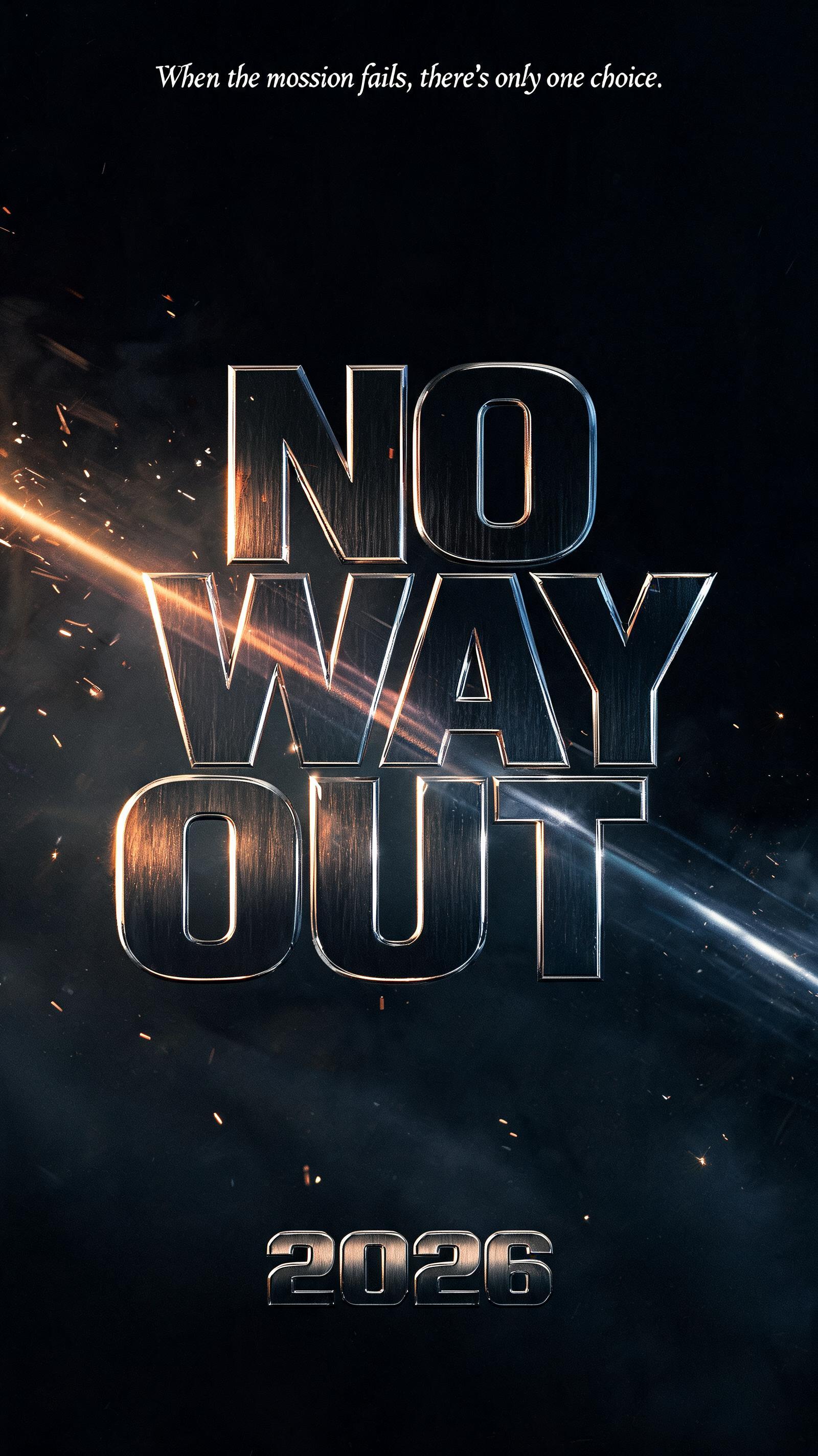 "NO WAY OUT
When the mission fails, there's only one choice.
2026" — Cinematic Action text effect