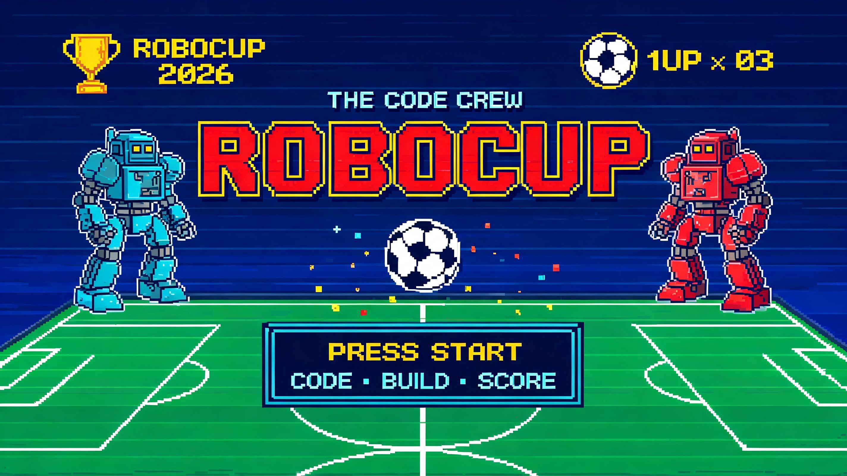 "design a pixel art title screen for The Code Crew RoboCup (this should have robotic and football visuals)" — Pixel Art | AI Text Effect Generator