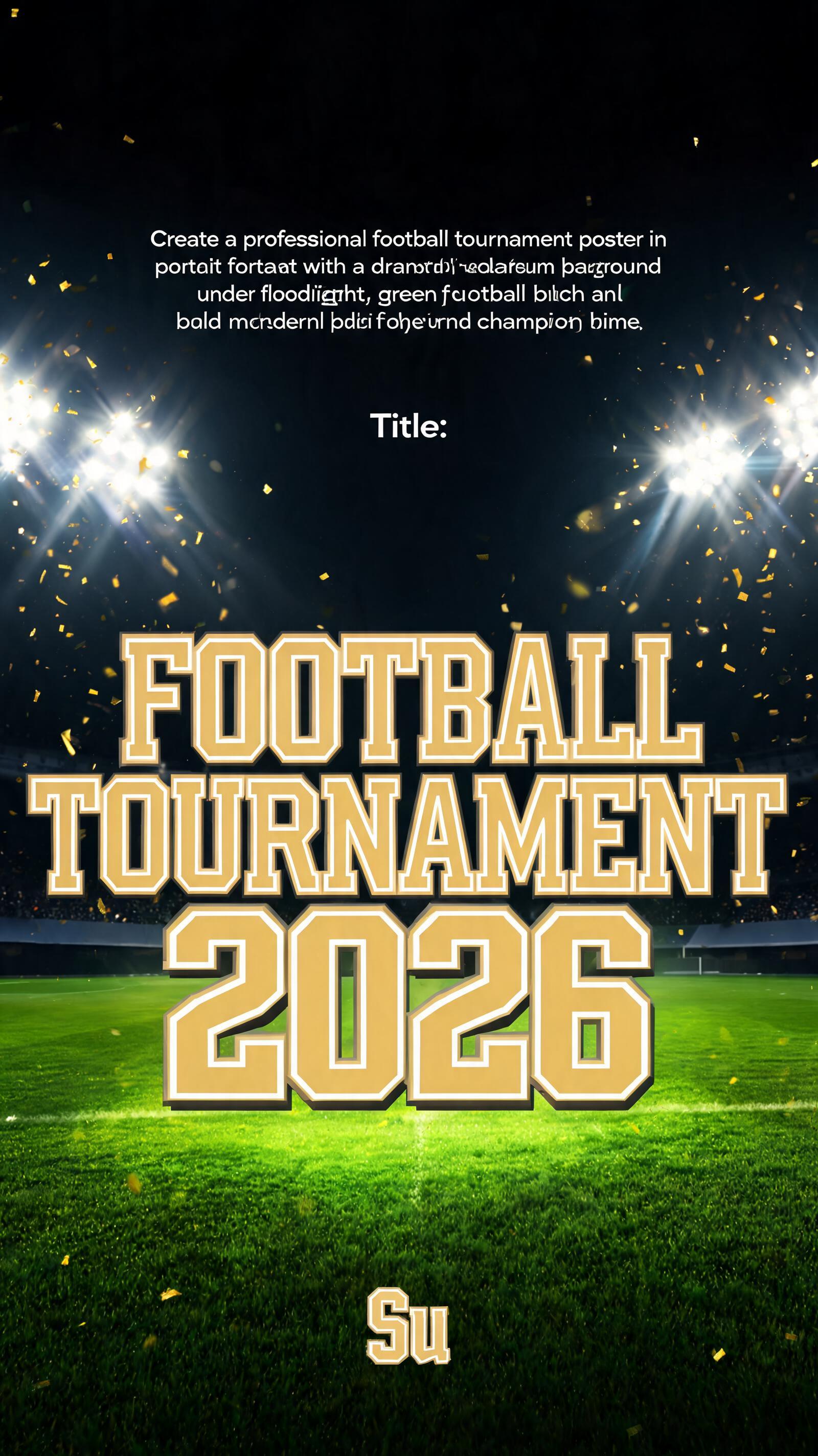 "prompt":"Create a professional football tournament poster in portrait format with a dramatic stadium background under floodlights, green football pitch, gold and black championship theme, bold modern typography.\n\nTitle: FOOTBALL TOURNAMENT 2026\nSu" — Sports Football | AI Text Effect Generator