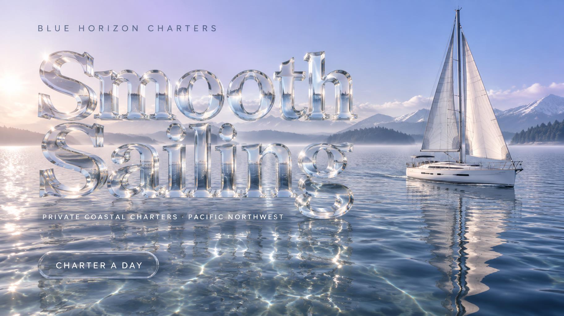 "Smooth Sailing
BLUE HORIZON CHARTERS
PRIVATE COASTAL CHARTERS · PACIFIC NORTHWEST
CHARTER A DAY" — Glass | AI Text Effect Generator