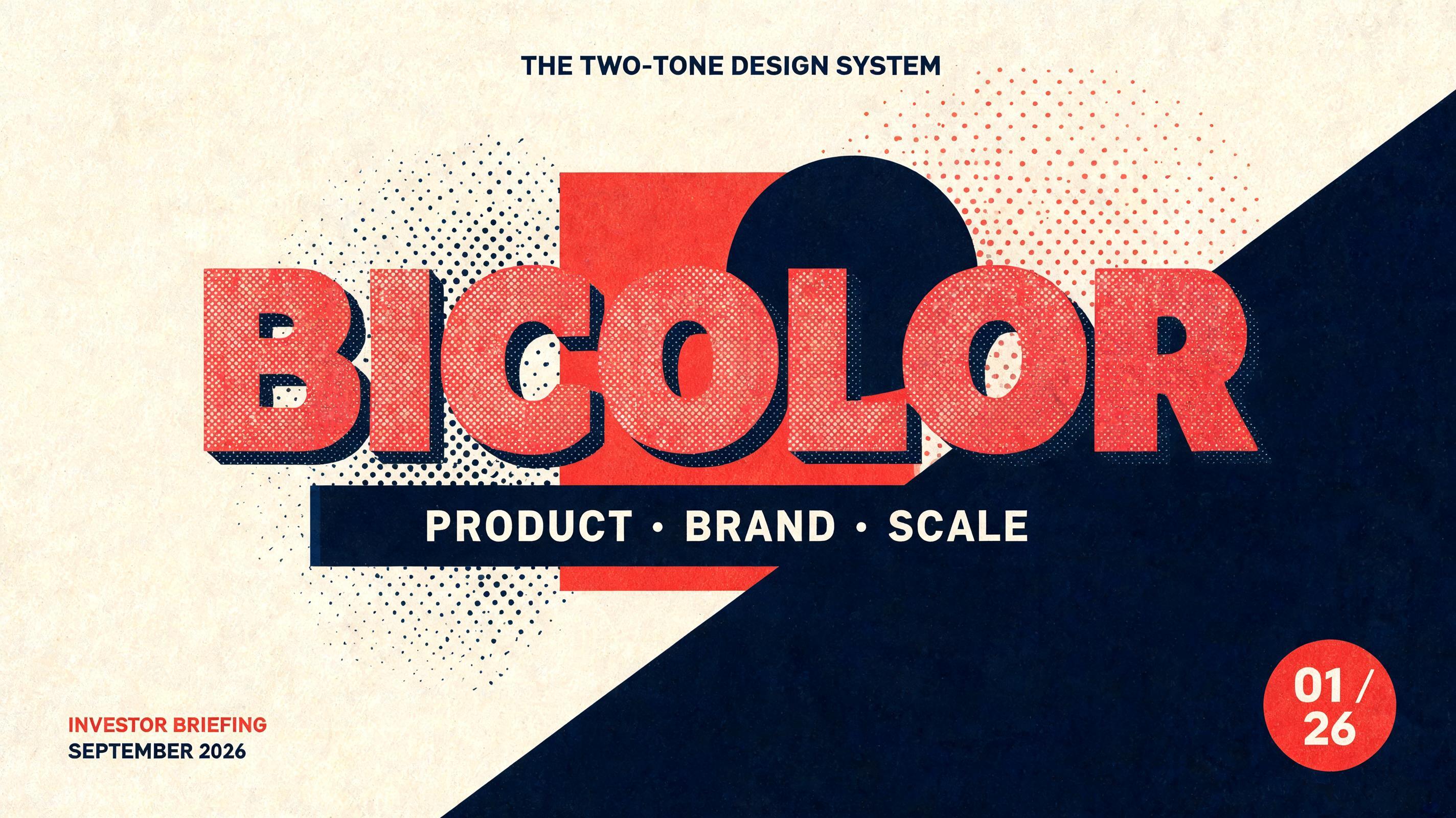 BICOLOR
THE TWO-TONE DESIGN SYSTEM
PRODUCT · BRAND · SCALE
INVESTOR BRIEFING
SEPTEMBER 2026
01 / 26