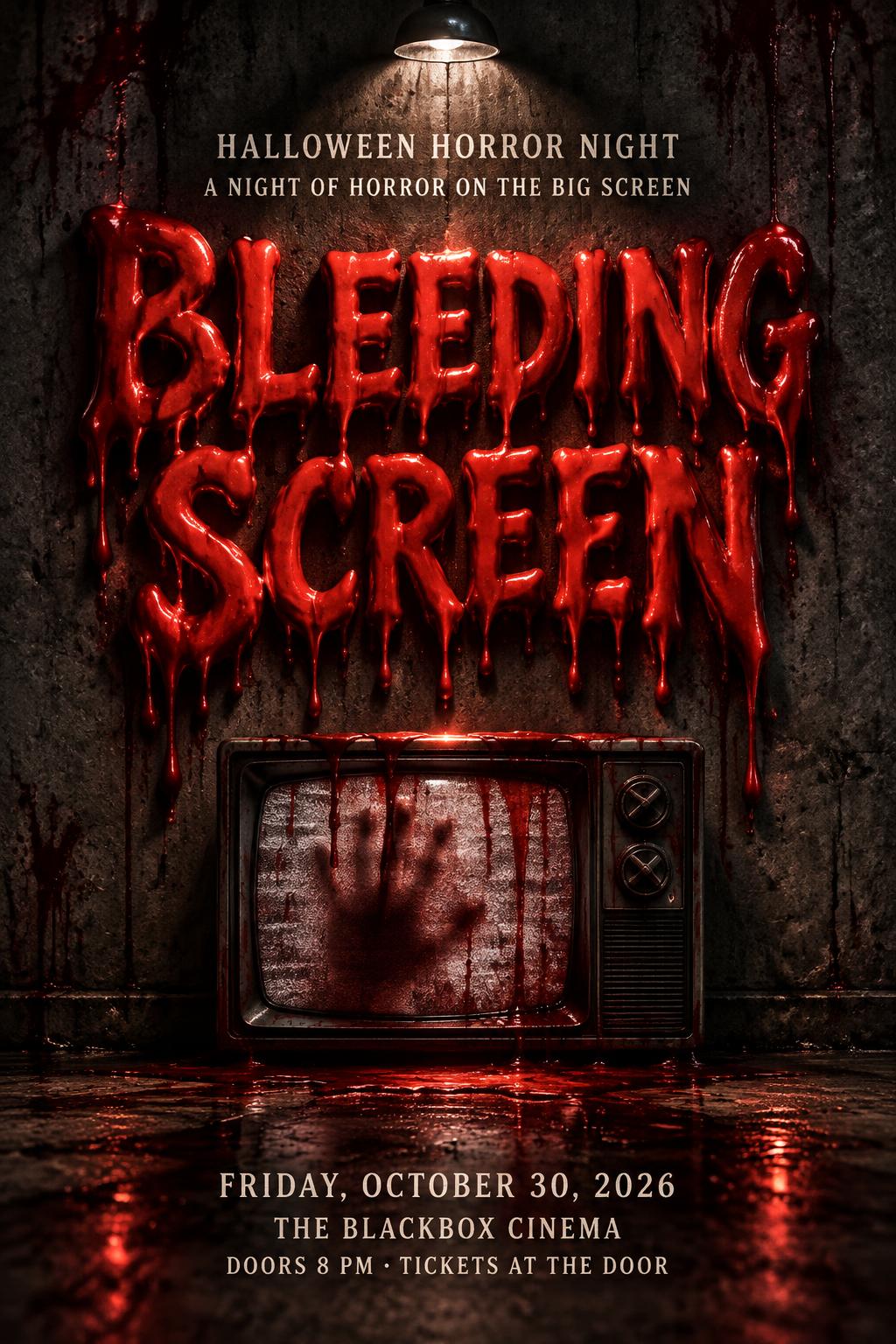 "BLEEDING SCREEN
HALLOWEEN HORROR NIGHT
A NIGHT OF HORROR ON THE BIG SCREEN
FRIDAY, OCTOBER 30, 2026
THE BLACKBOX CINEMA
DOORS 8 PM · TICKETS AT THE DOOR" — Drip Font | AI Text Effect Generator