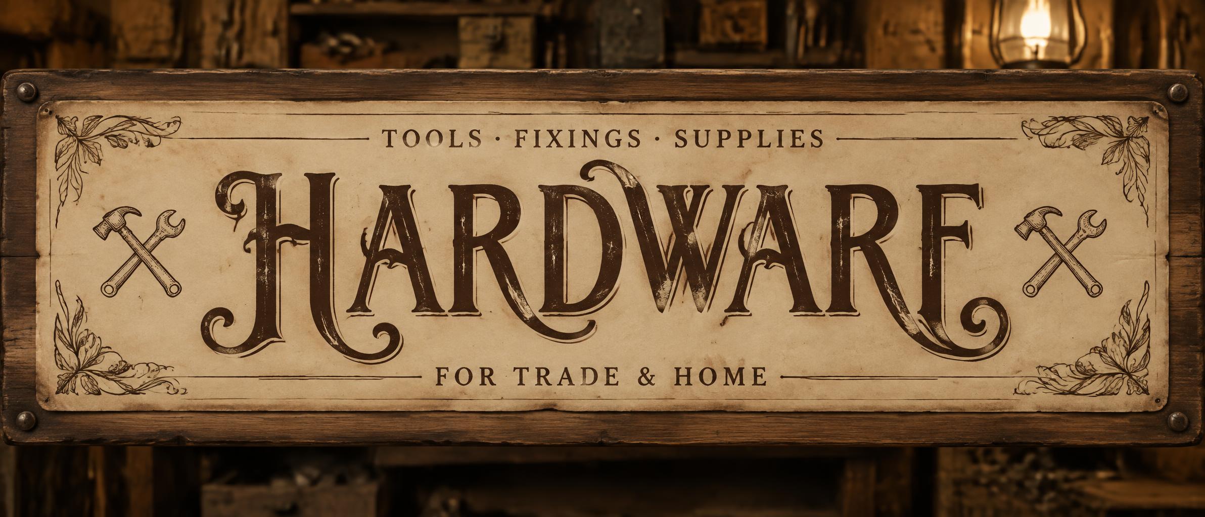 "HARDWARE
TOOLS · FIXINGS · SUPPLIES
FOR TRADE & HOME" — Vintage | AI Text Effect Generator