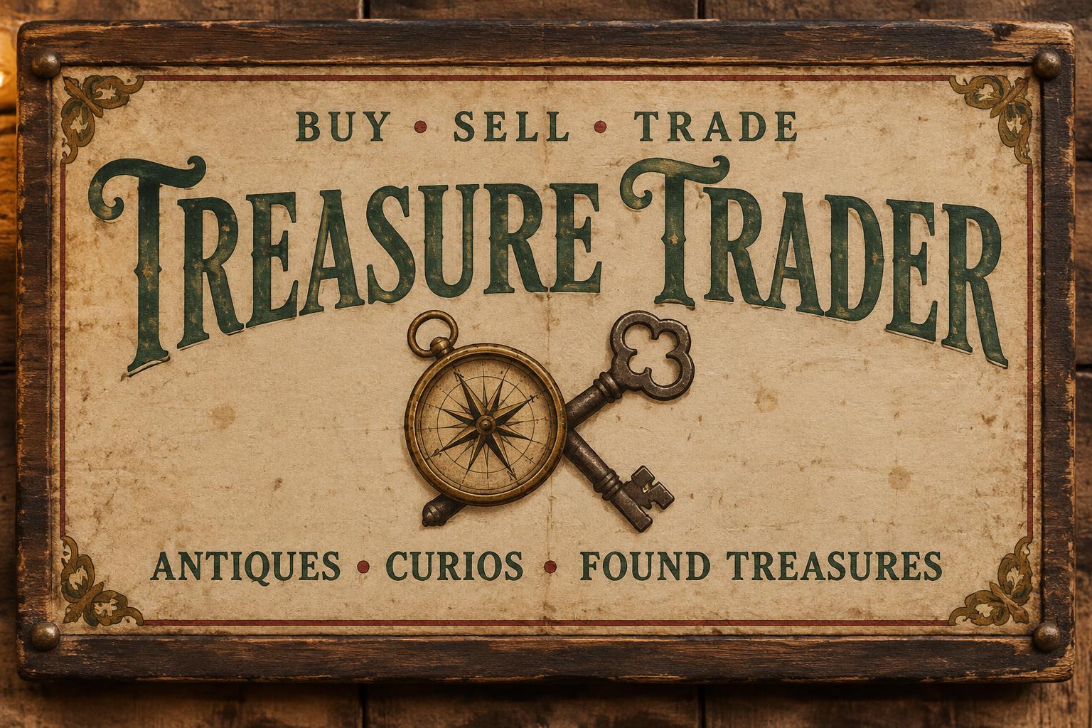 "TREASURE TRADER
BUY • SELL • TRADE
ANTIQUES • CURIOS • FOUND TREASURES" — Vintage | AI Text Effect Generator