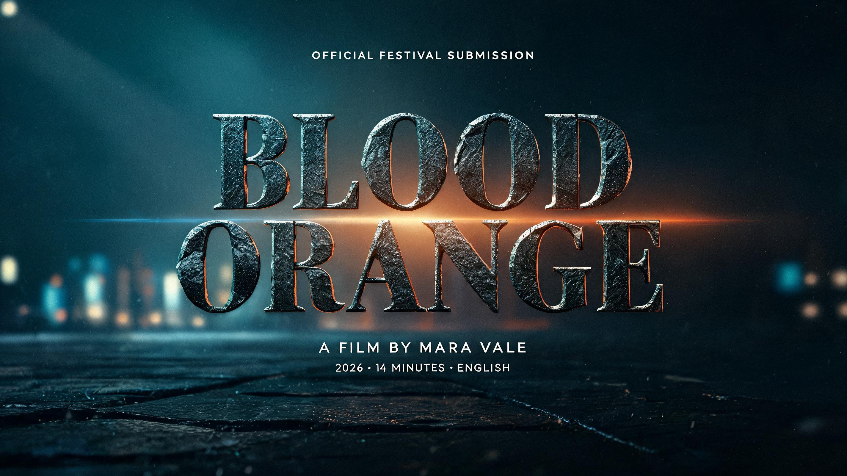 "BLOOD
ORANGE
OFFICIAL FESTIVAL SUBMISSION
A FILM BY MARA VALE
2026 • 14 MINUTES • ENGLISH" — Cinematic Netflix | AI Text Effect Generator