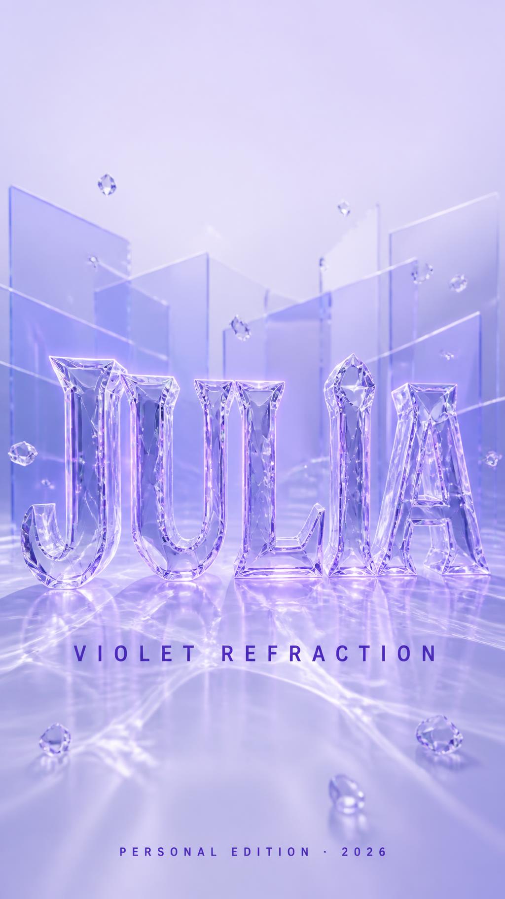 "JULIA
VIOLET REFRACTION
PERSONAL EDITION · 2026" — Glass | AI Text Effect Generator