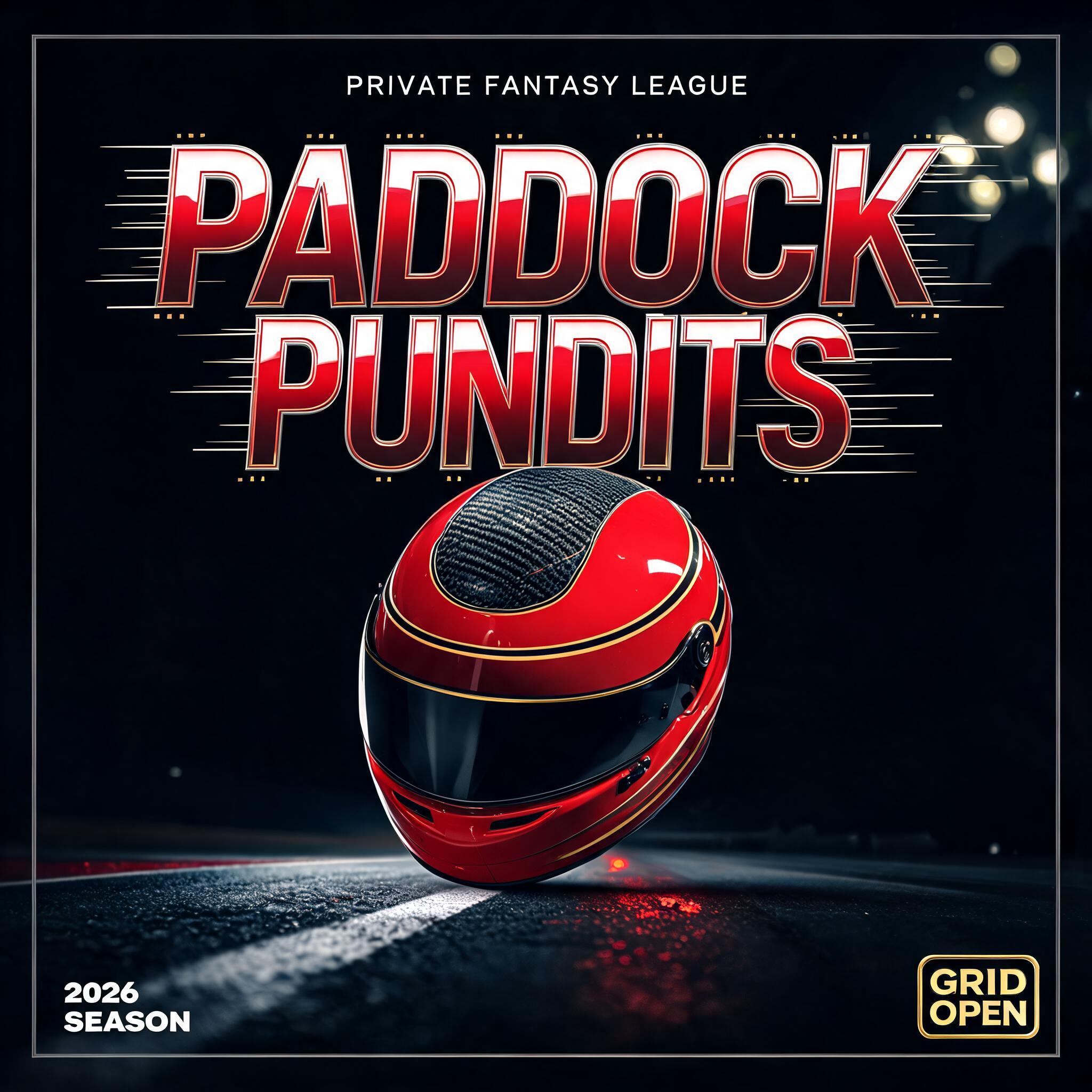 "PADDOCK
PUNDITS
PRIVATE FANTASY LEAGUE
PICK. PREDICT. SCORE.
2026 SEASON
GRID OPEN" — Racing | AI Text Effect Generator