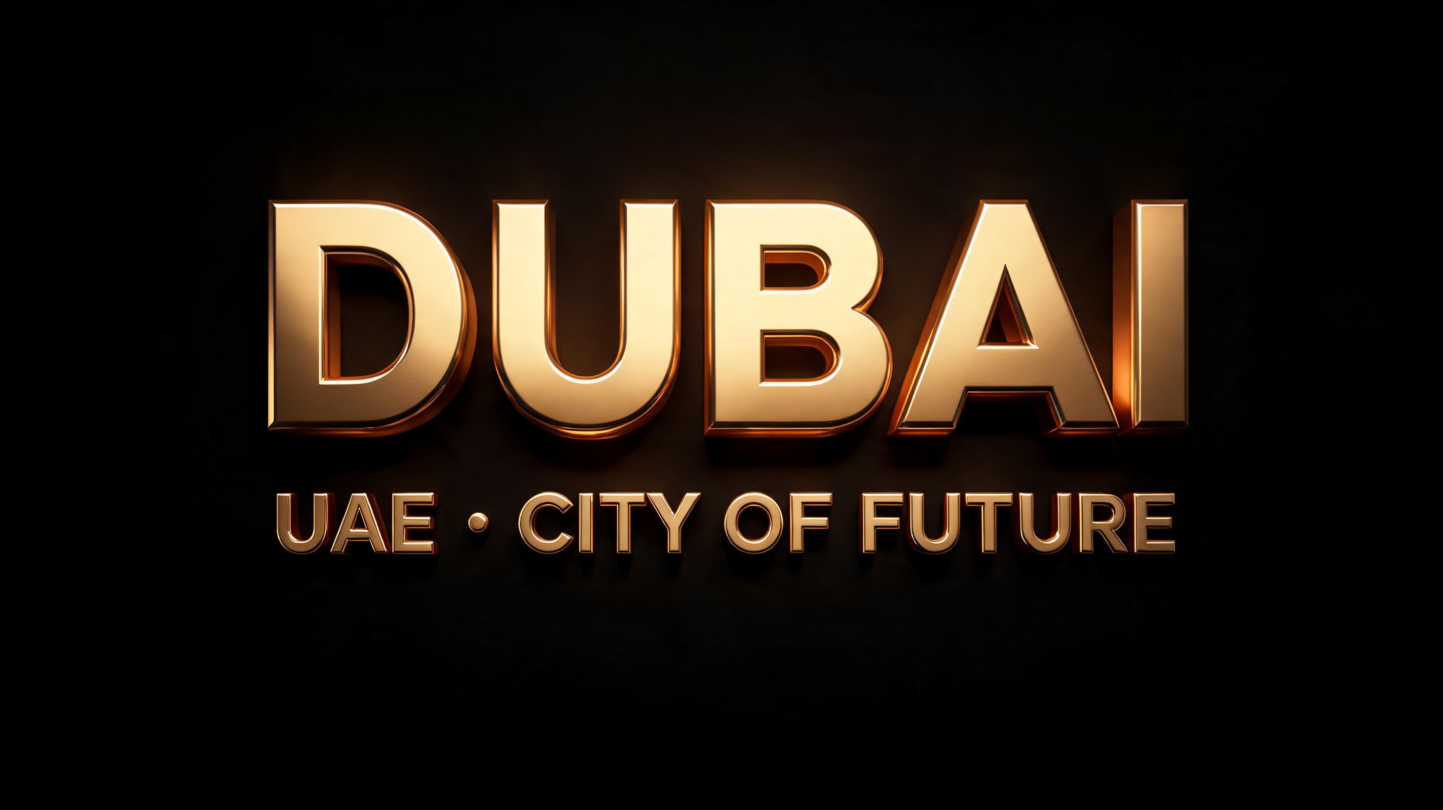 "DUBAI
UAE • CITY OF FUTURE" — 3d Bold Gold | AI Text Effect Generator