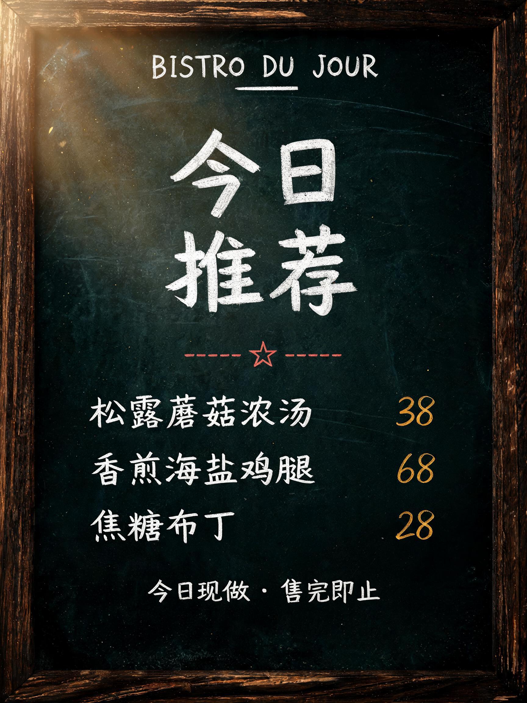 "今日推荐
BISTRO DU JOUR
松露蘑菇浓汤
38
香煎海盐鸡腿
68
焦糖布丁
28
今日现做 · 售完即止" — Vintage | AI Text Effect Generator
