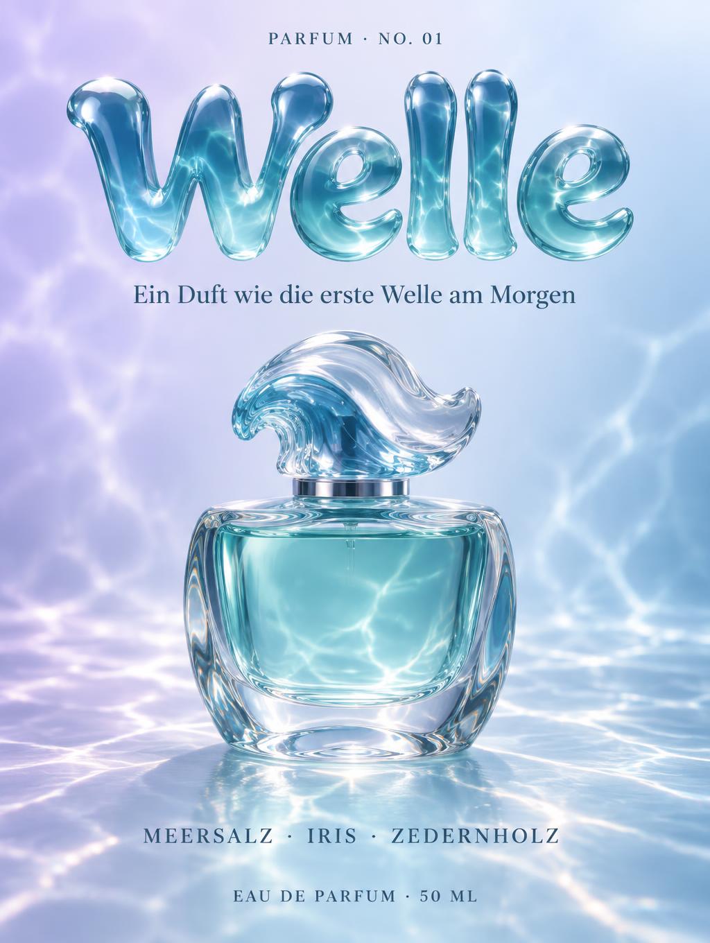 "Welle
Ein Duft wie die erste Welle am Morgen
MEERSALZ · IRIS · ZEDERNHOLZ
EAU DE PARFUM · 50 ML
PARFUM · NO. 01" — Glass Liquid | AI Text Effect Generator