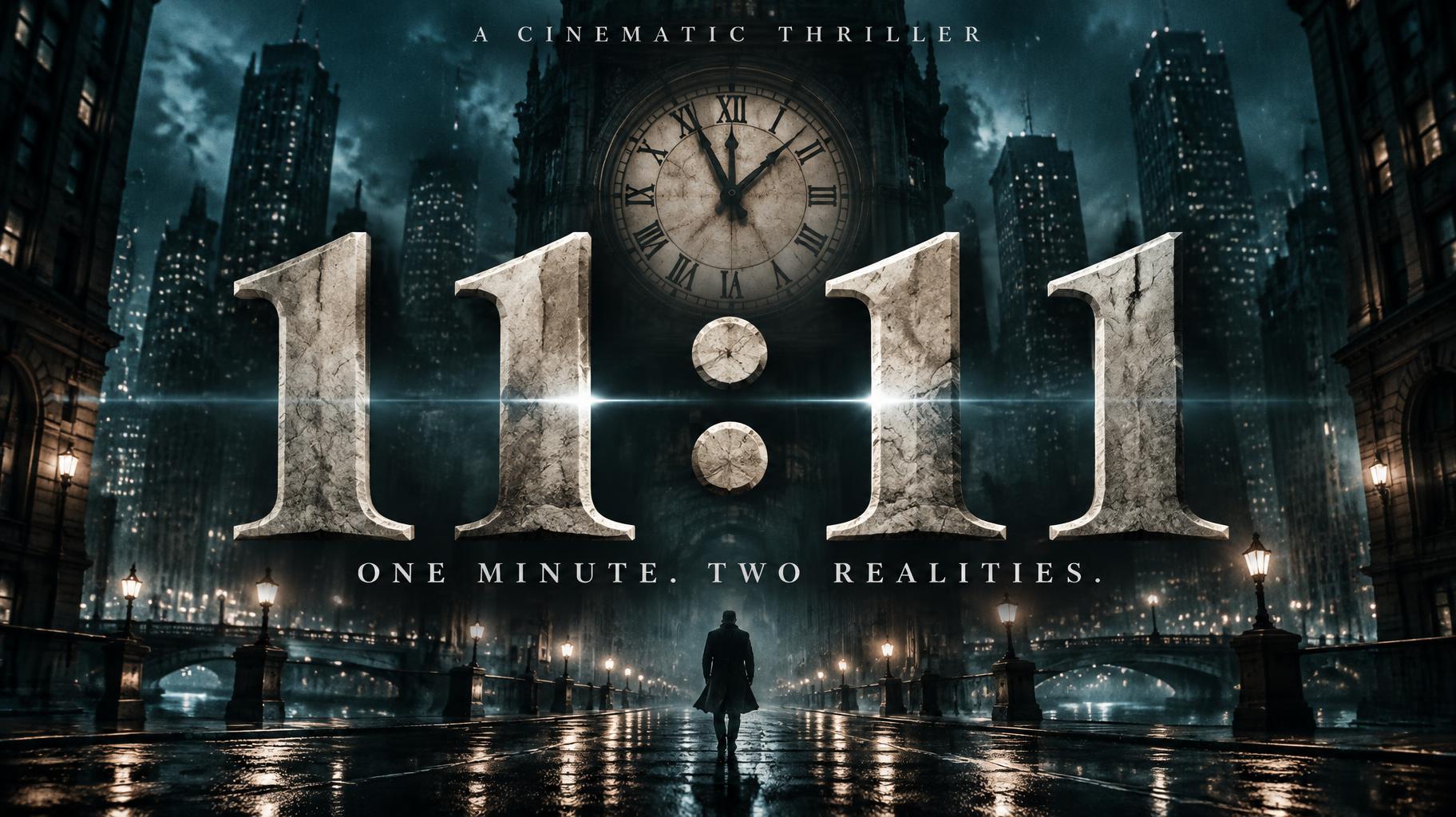 "11:11
ONE MINUTE. TWO REALITIES.
A CINEMATIC THRILLER" — Cinematic Netflix | AI Text Effect Generator