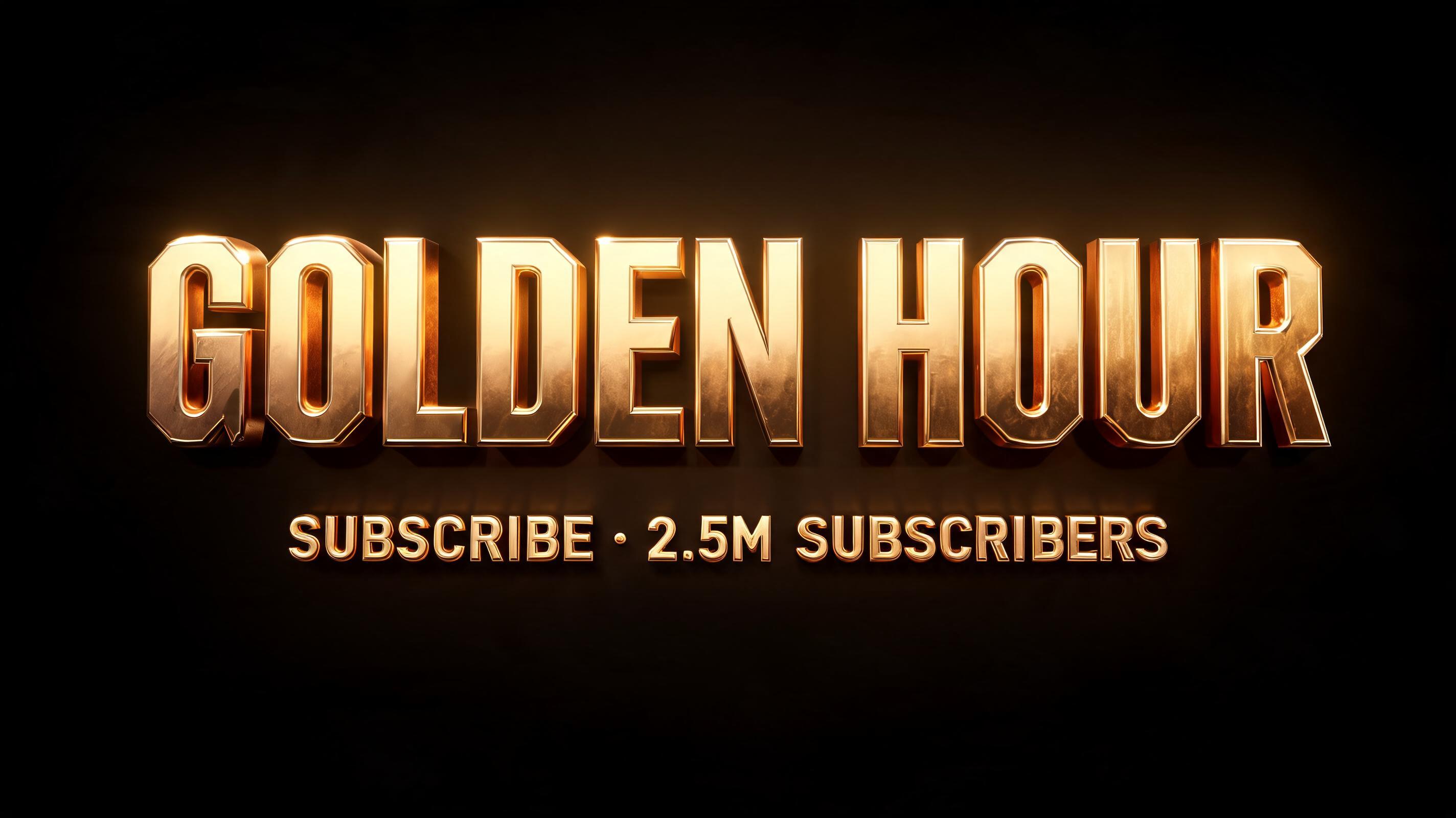 "GOLDEN HOUR
SUBSCRIBE · 2.5M SUBSCRIBERS" — 3d Bold Gold | AI Text Effect Generator