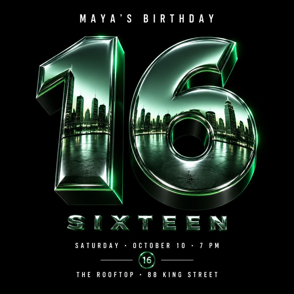 "16
MAYA’S BIRTHDAY
SIXTEEN
SATURDAY · OCTOBER 10 · 7 PM
THE ROOFTOP · 88 KING STREET" — Chrome Metal 3d | AI Text Effect Generator