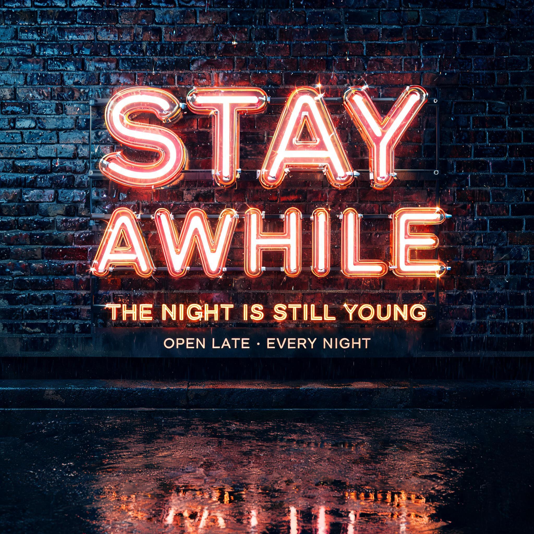 "STAY AWHILE
THE NIGHT IS STILL YOUNG
OPEN LATE · EVERY NIGHT" — Neon Sign | AI Text Effect Generator