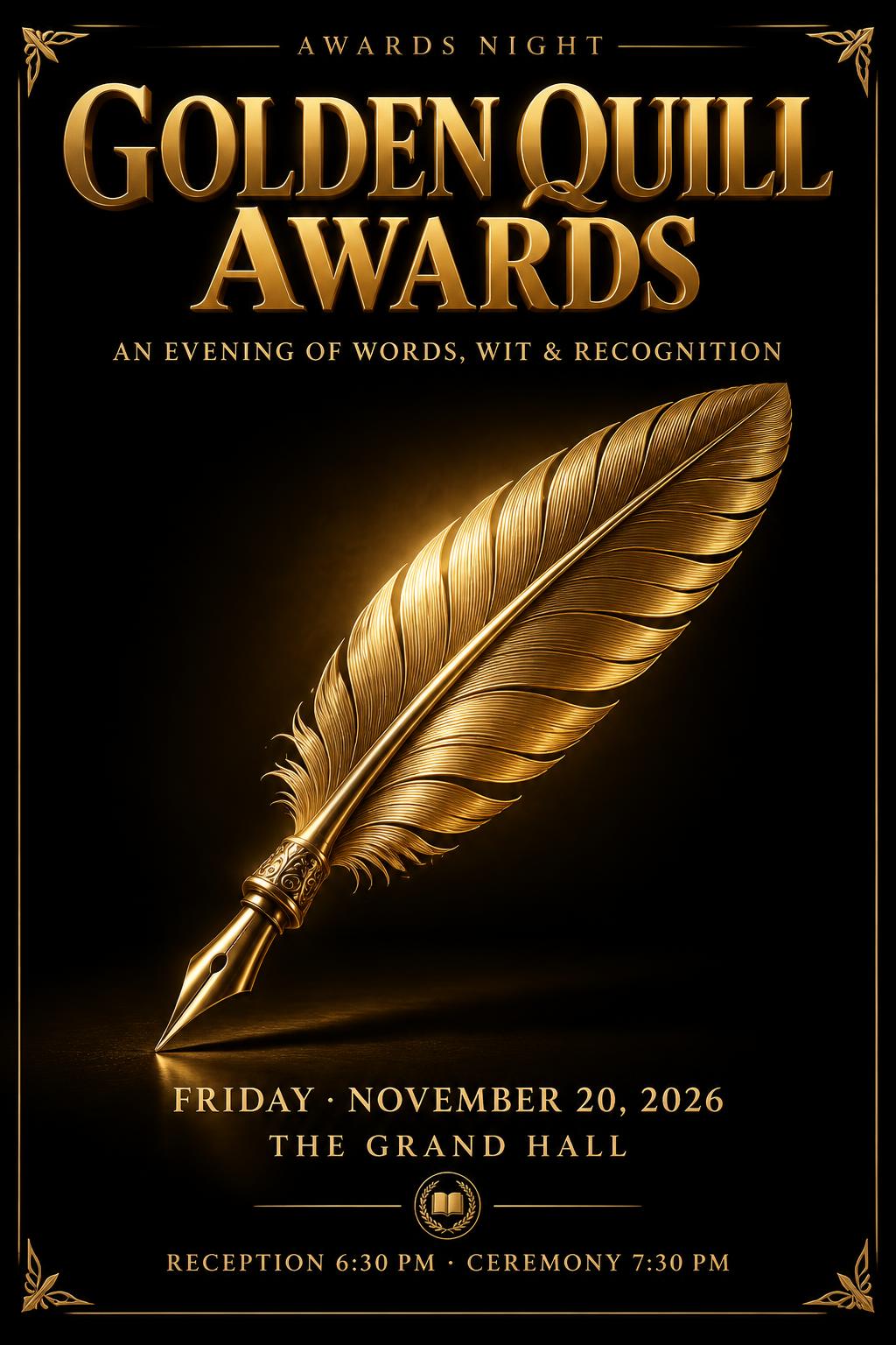 "GOLDEN QUILL
AWARDS
AWARDS NIGHT
AN EVENING OF WORDS, WIT & RECOGNITION
FRIDAY · NOVEMBER 20, 2026
THE GRAND HALL
RECEPTION 6:30 PM · CEREMONY 7:30 PM" — 3d Bold Gold | AI Text Effect Generator