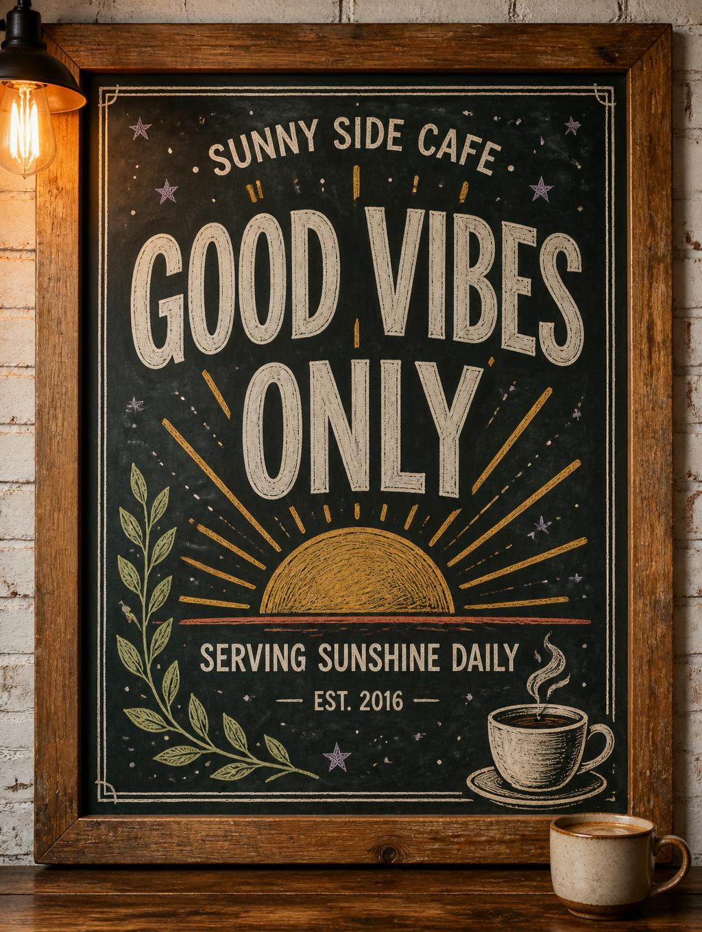 GOOD VIBES
ONLY
SUNNY SIDE CAFE
SERVING SUNSHINE DAILY
EST. 2016
