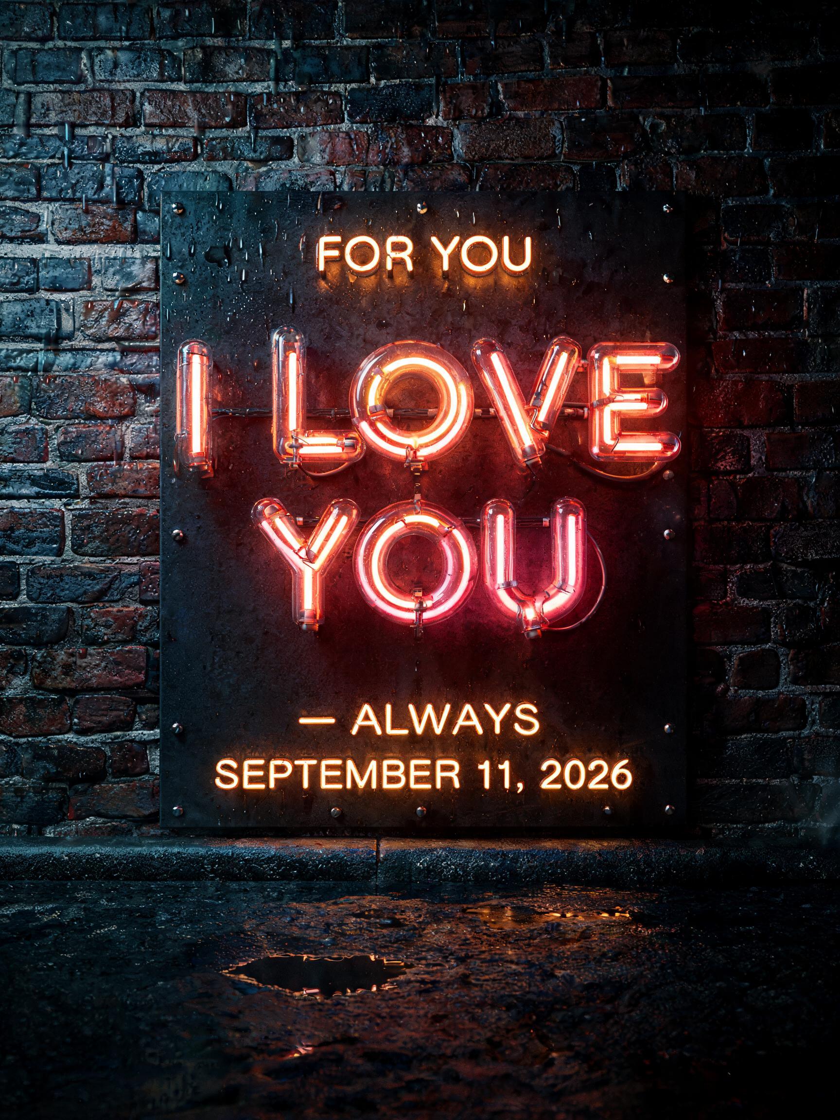 "I LOVE
YOU
FOR YOU
— ALWAYS
SEPTEMBER 11, 2026" — Neon Sign | AI Text Effect Generator