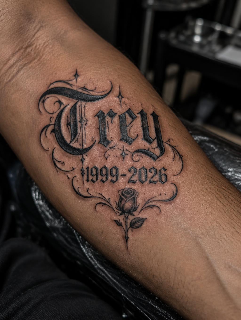 "Trey 1999-2026" — Tattoo text effect