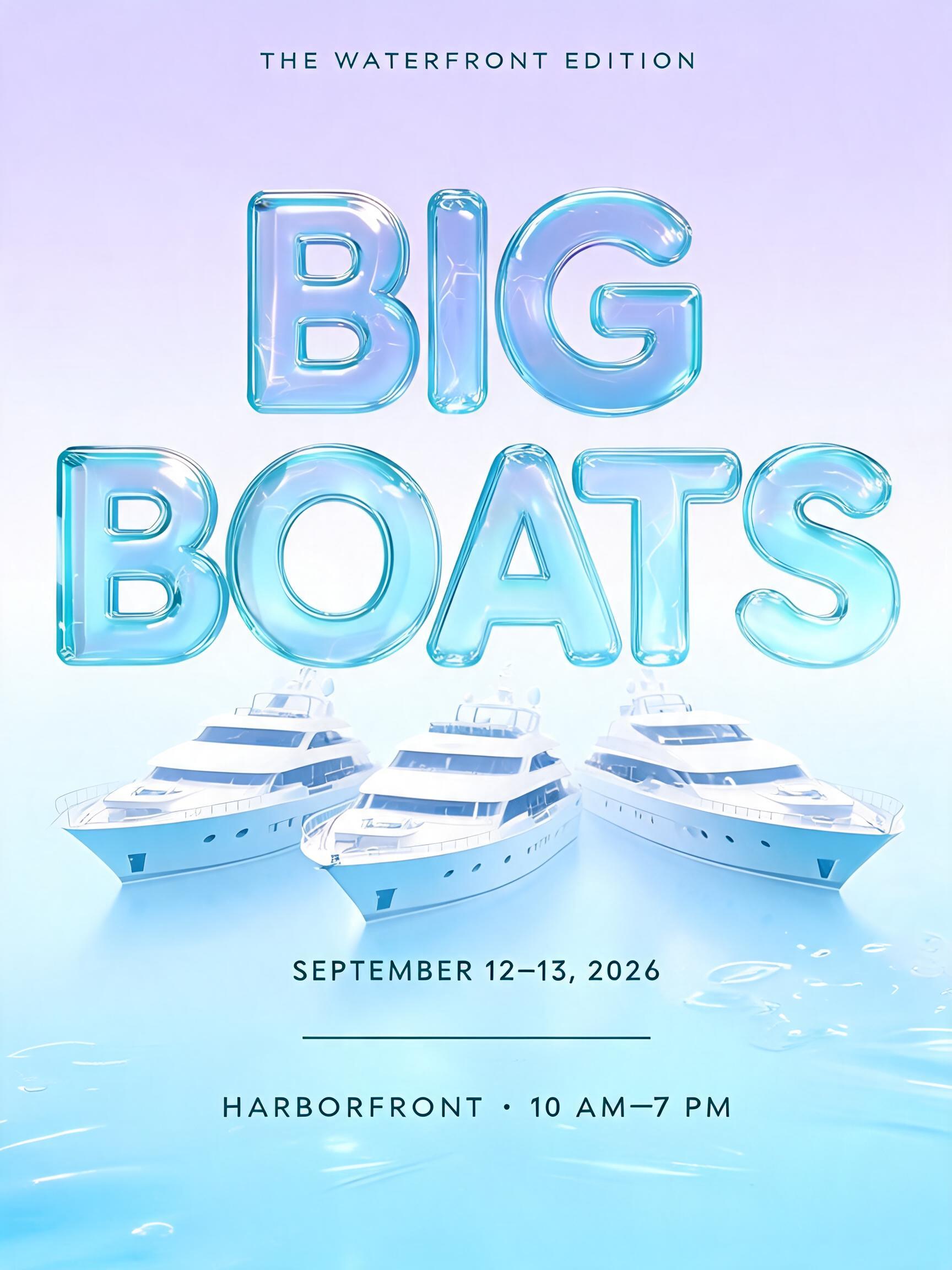 "BIG
BOATS
THE WATERFRONT EDITION
SEPTEMBER 12–13, 2026
HARBORFRONT · 10 AM–7 PM" — Glass Liquid text effect