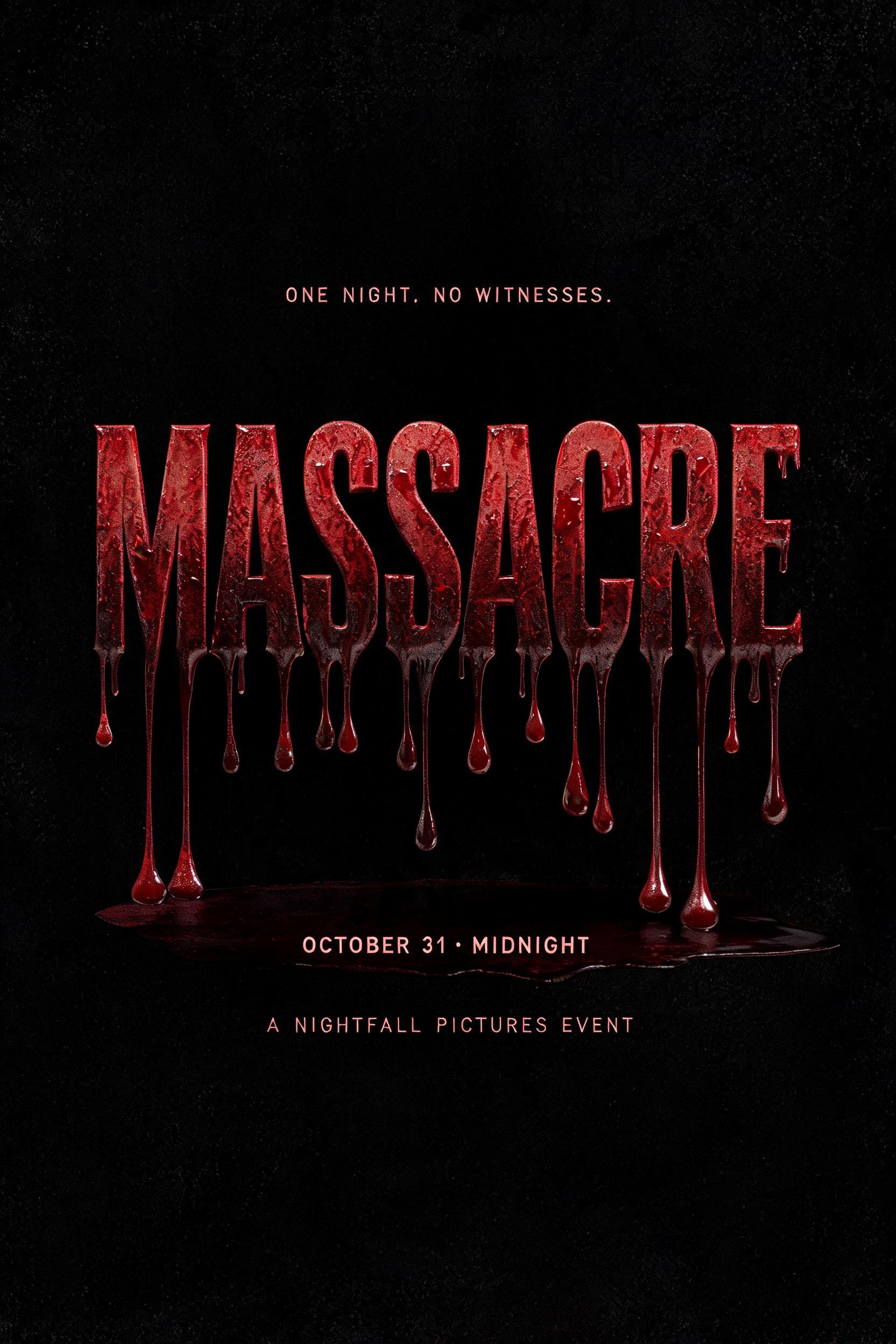 "MASSACRE
ONE NIGHT. NO WITNESSES.
OCTOBER 31 · MIDNIGHT
A NIGHTFALL PICTURES EVENT" — Drip Font Blood | AI Text Effect Generator