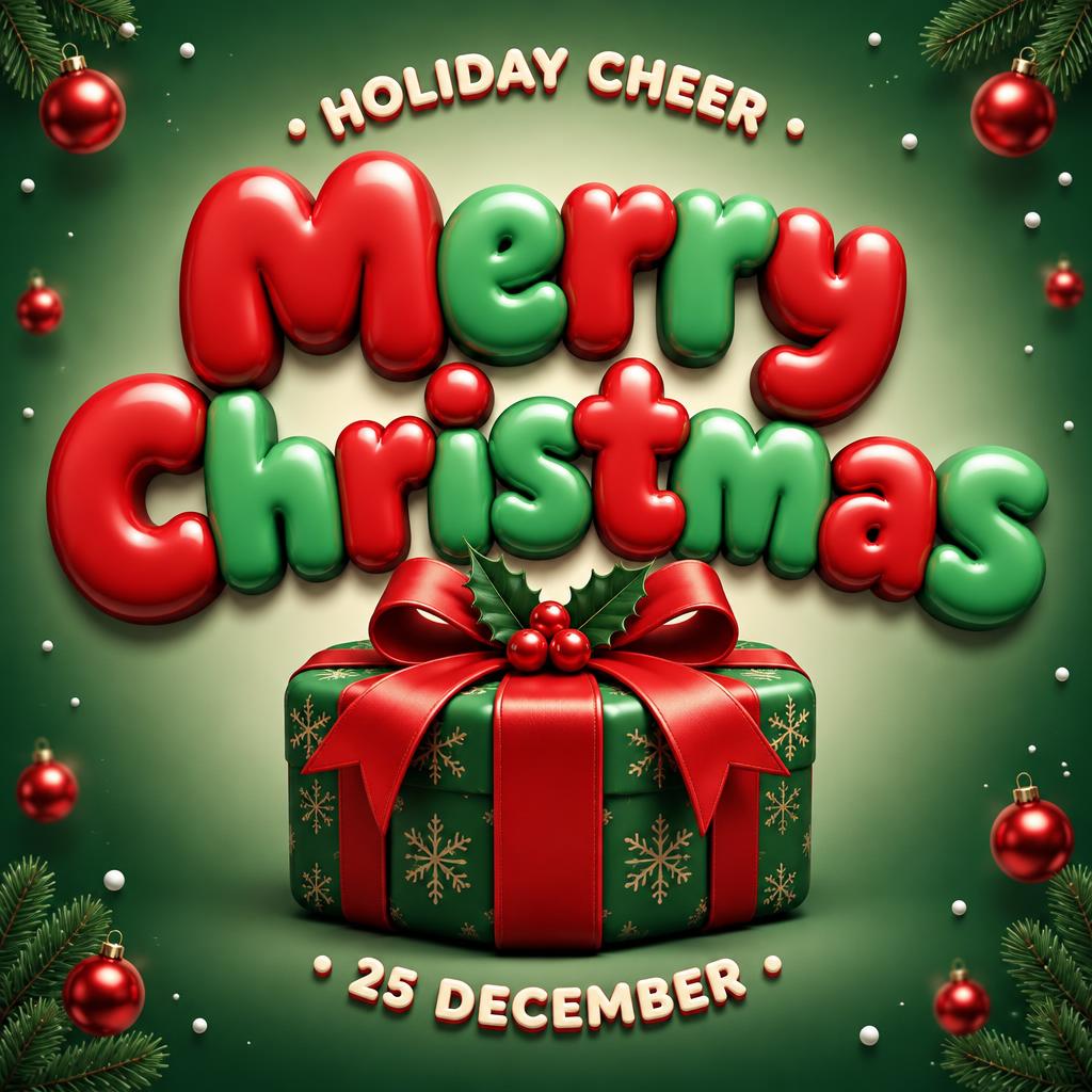 "Merry
Christmas
HOLIDAY CHEER
25 DECEMBER" — 3d Bold Inflated | AI Text Effect Generator