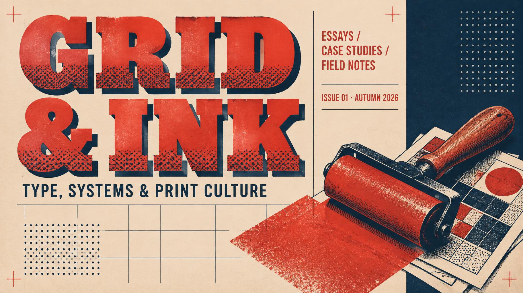 "GRID & INK
TYPE, SYSTEMS & PRINT CULTURE
ESSAYS / CASE STUDIES / FIELD NOTES
ISSUE 01 · AUTUMN 2026" — Duotone | AI Text Effect Generator