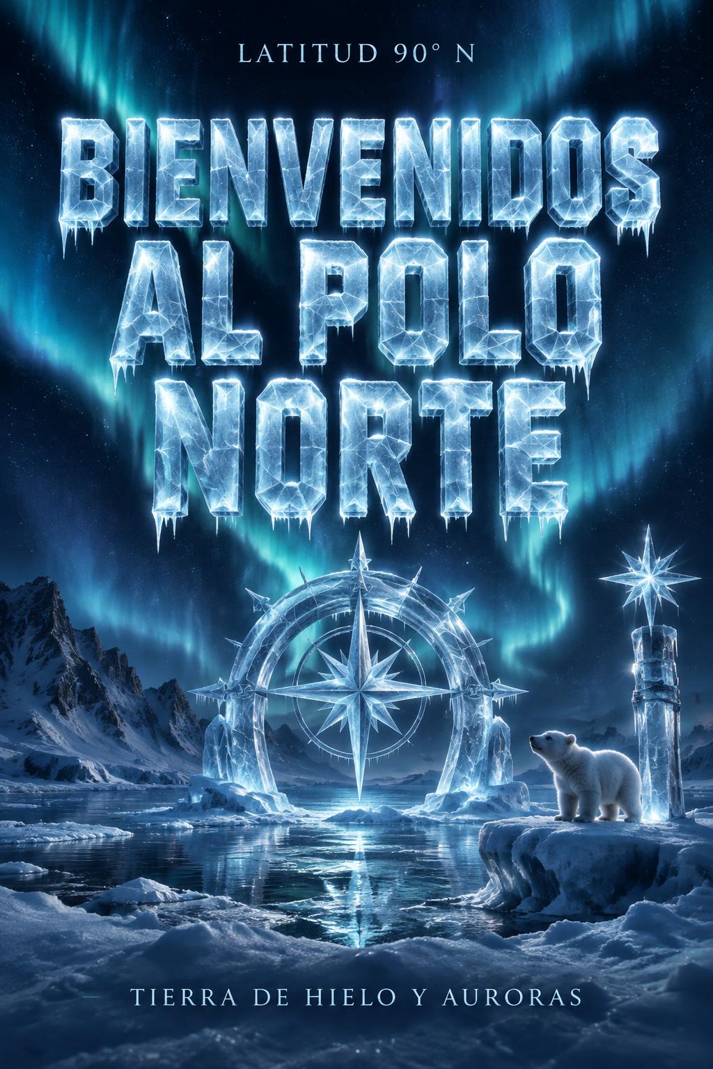 "BIENVENIDOS AL POLO NORTE
TIERRA DE HIELO Y AURORAS
LATITUD 90° N" — Glass Frozen | AI Text Effect Generator