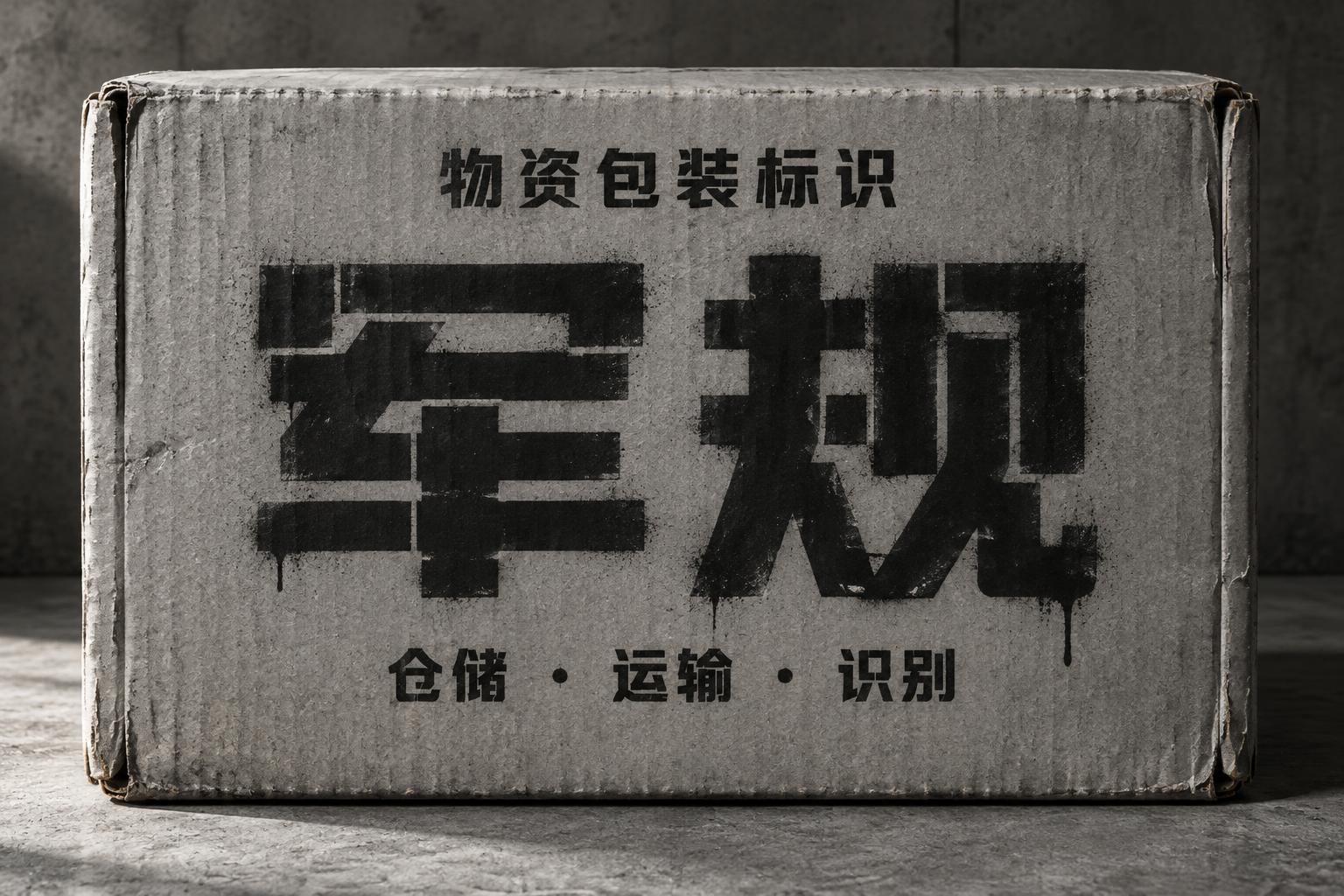 "军规
物资包装标识
仓储 · 运输 · 识别" — Stencil text effect