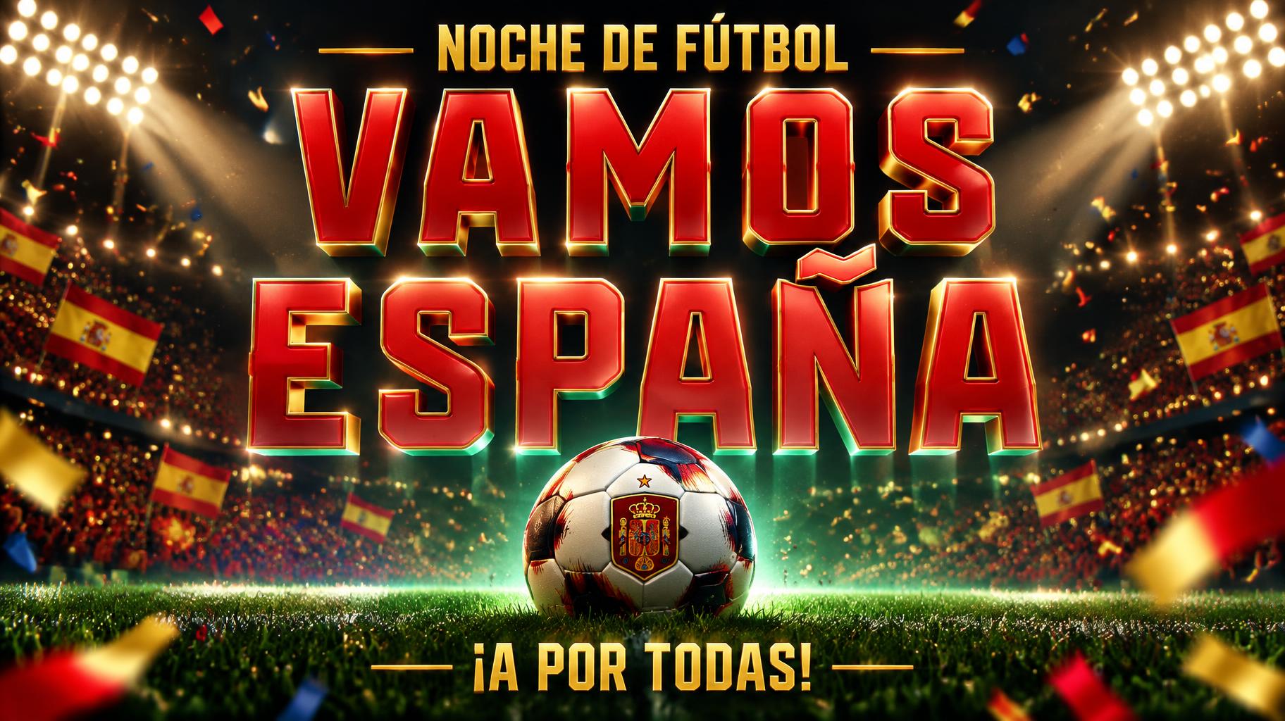 "VAMOS ESPAÑA
NOCHE DE FÚTBOL
¡A POR TODAS!" — Sports Football text effect