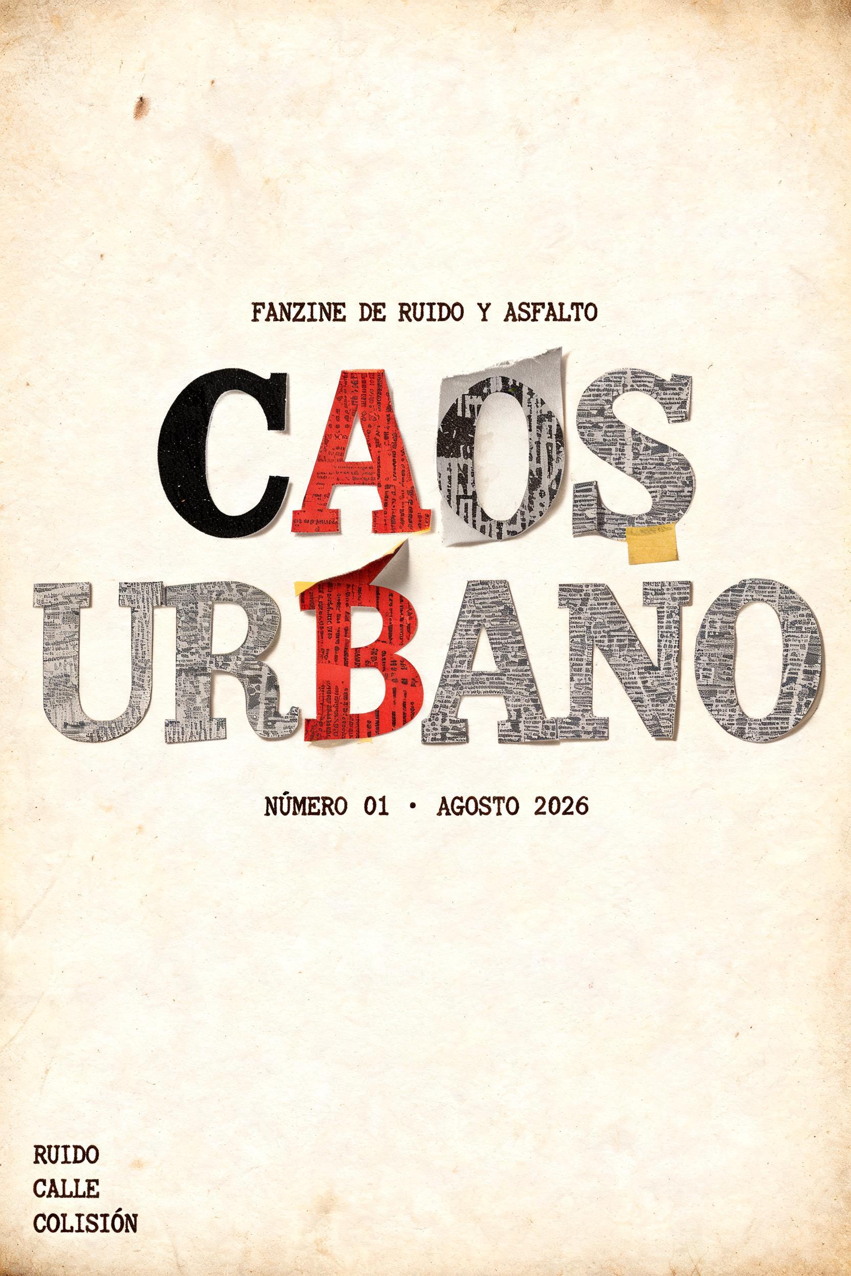 "CAOS
URBANO
FANZINE DE RUIDO Y ASFALTO
NÚMERO 01 · AGOSTO 2026
RUIDO / CALLE / COLISIÓN" — typewriter text effect