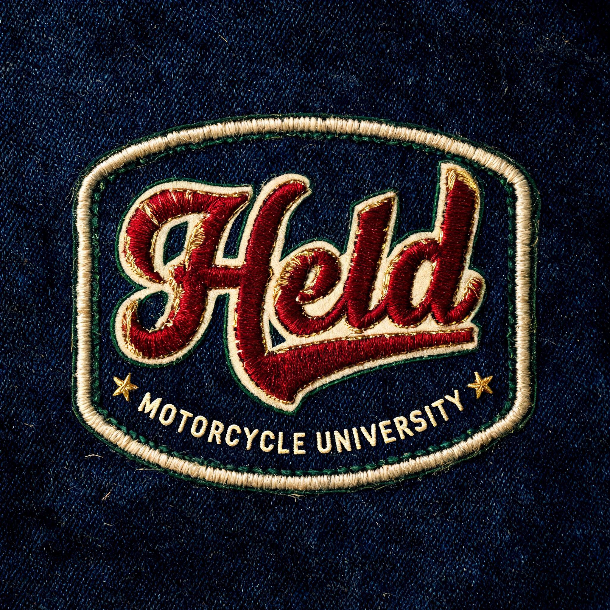 "Held
MOTORCYCLE UNIVERSITY" — Vintage text effect