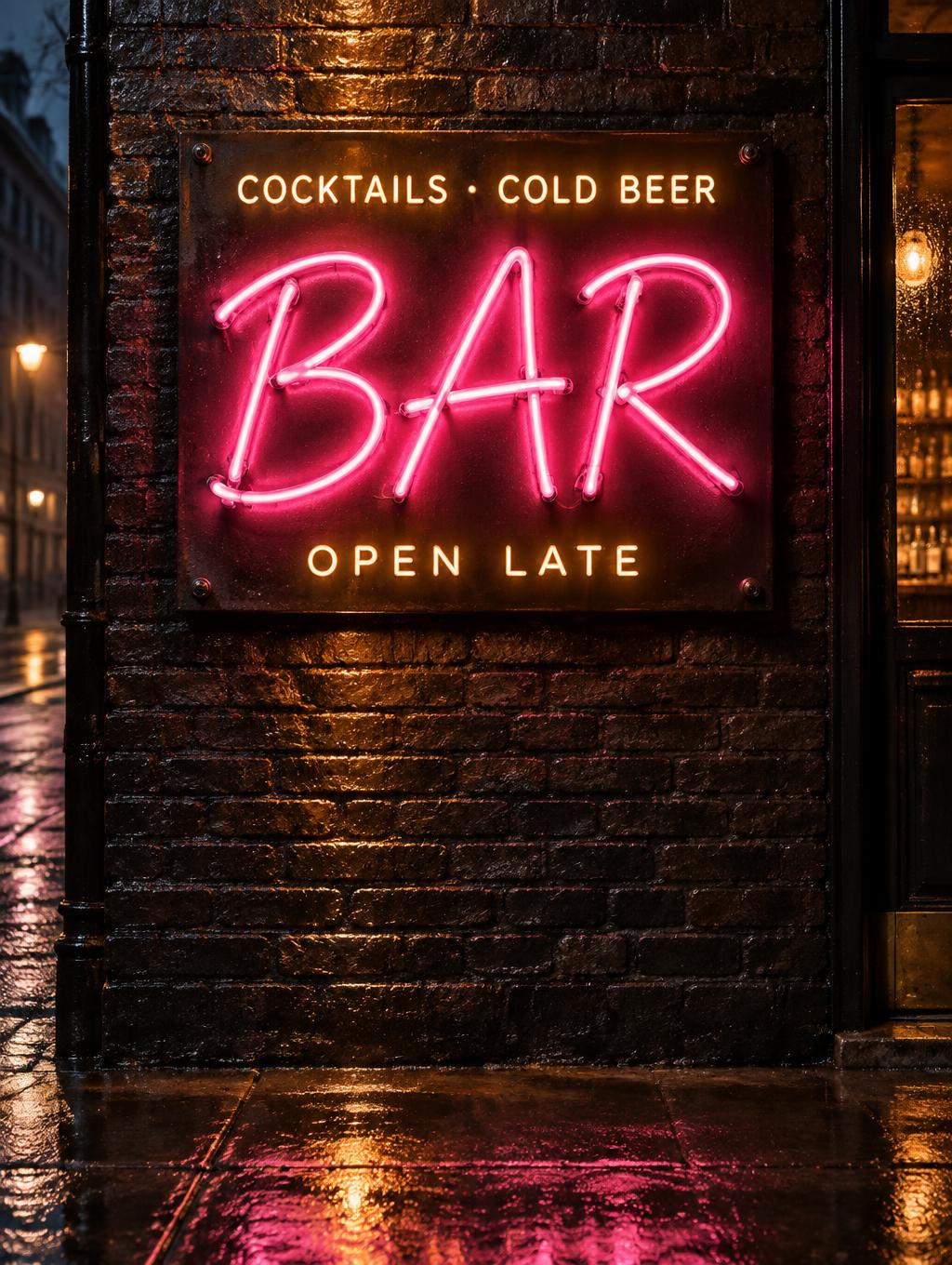 "BAR
COCKTAILS · COLD BEER
OPEN LATE" — Neon Sign | AI Text Effect Generator