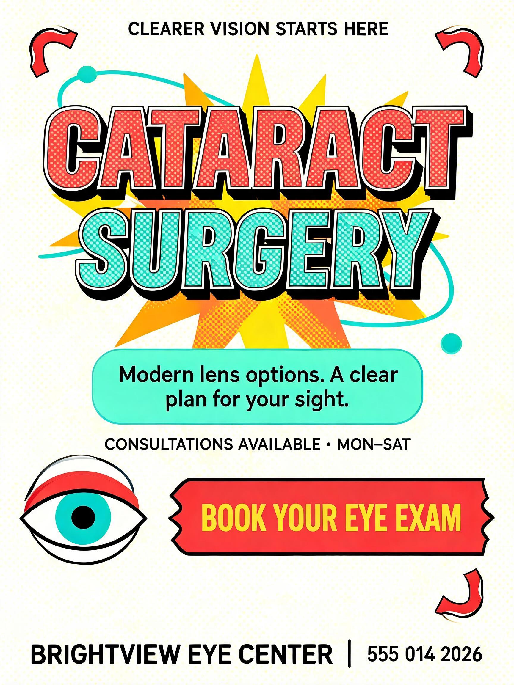 "CLEARER VISION STARTS HERE
CATARACT
SURGERY
Modern lens options. A clear plan for your sight.
CONSULTATIONS AVAILABLE • MON–SAT
BOOK YOUR EYE EXAM
BRIGHTVIEW EYE CENTER  |  555 014 2026" — Retro Pop text effect