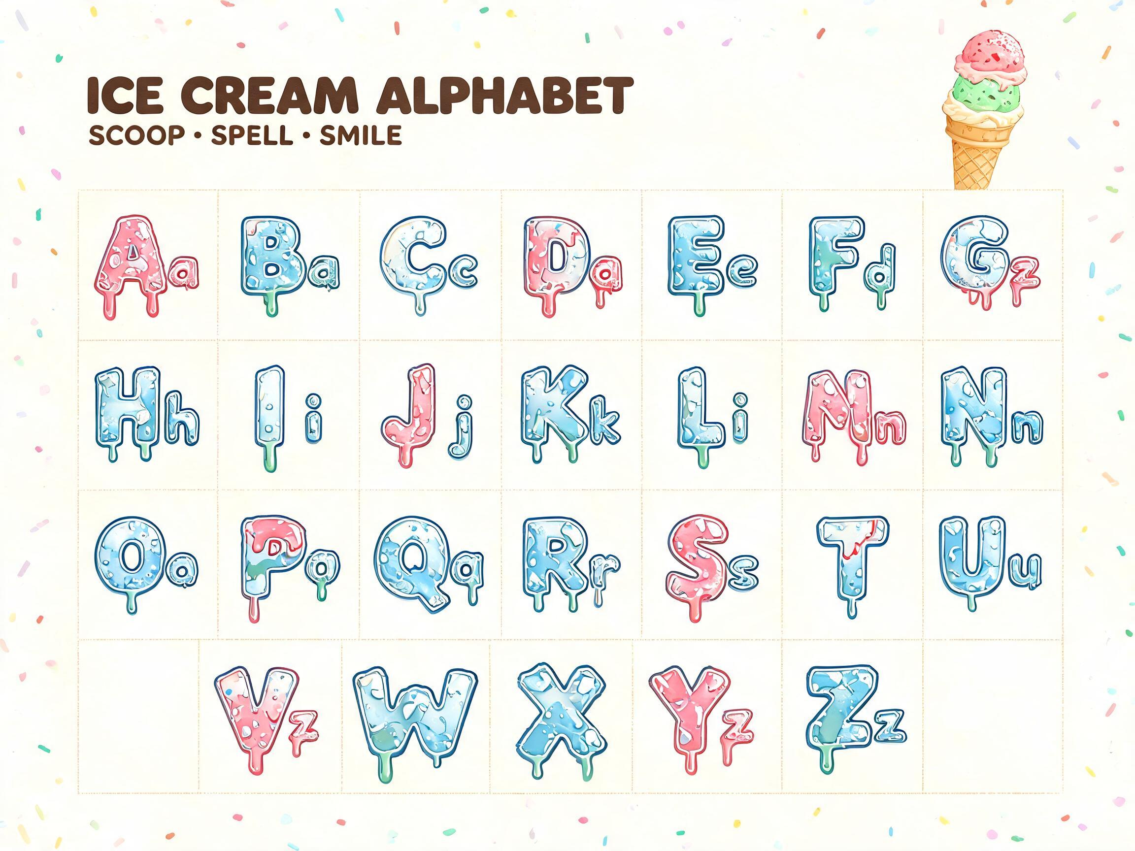 ICE CREAM ALPHABET
SCOOP • SPELL • SMILE
A a
B b
C c
D d
E e
F f
G g
H h
I i
J j
K k
L l
M m
N n
O o
P p
Q q
R r
S s
T t
U u
V v
W w
X x
Y y
Z z