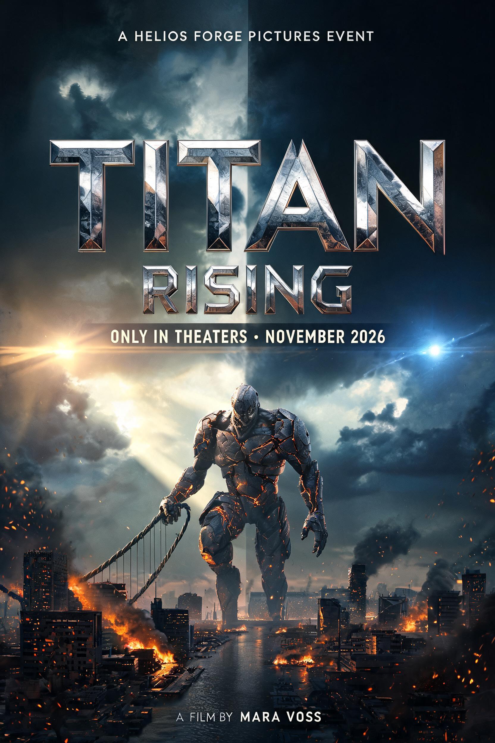 "Design a blockbuster movie poster for the action epic Titan Rising" — Cinematic Blockbuster | AI Text Effect Generator