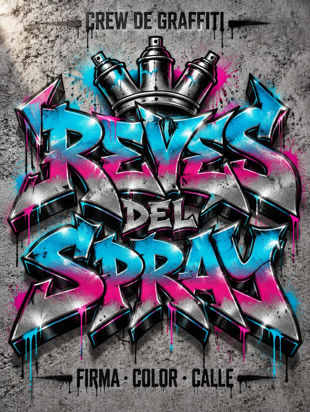 "REYES DEL SPRAY
CREW DE GRAFFITI
FIRMA · COLOR · CALLE" — Graffiti | AI Text Effect Generator