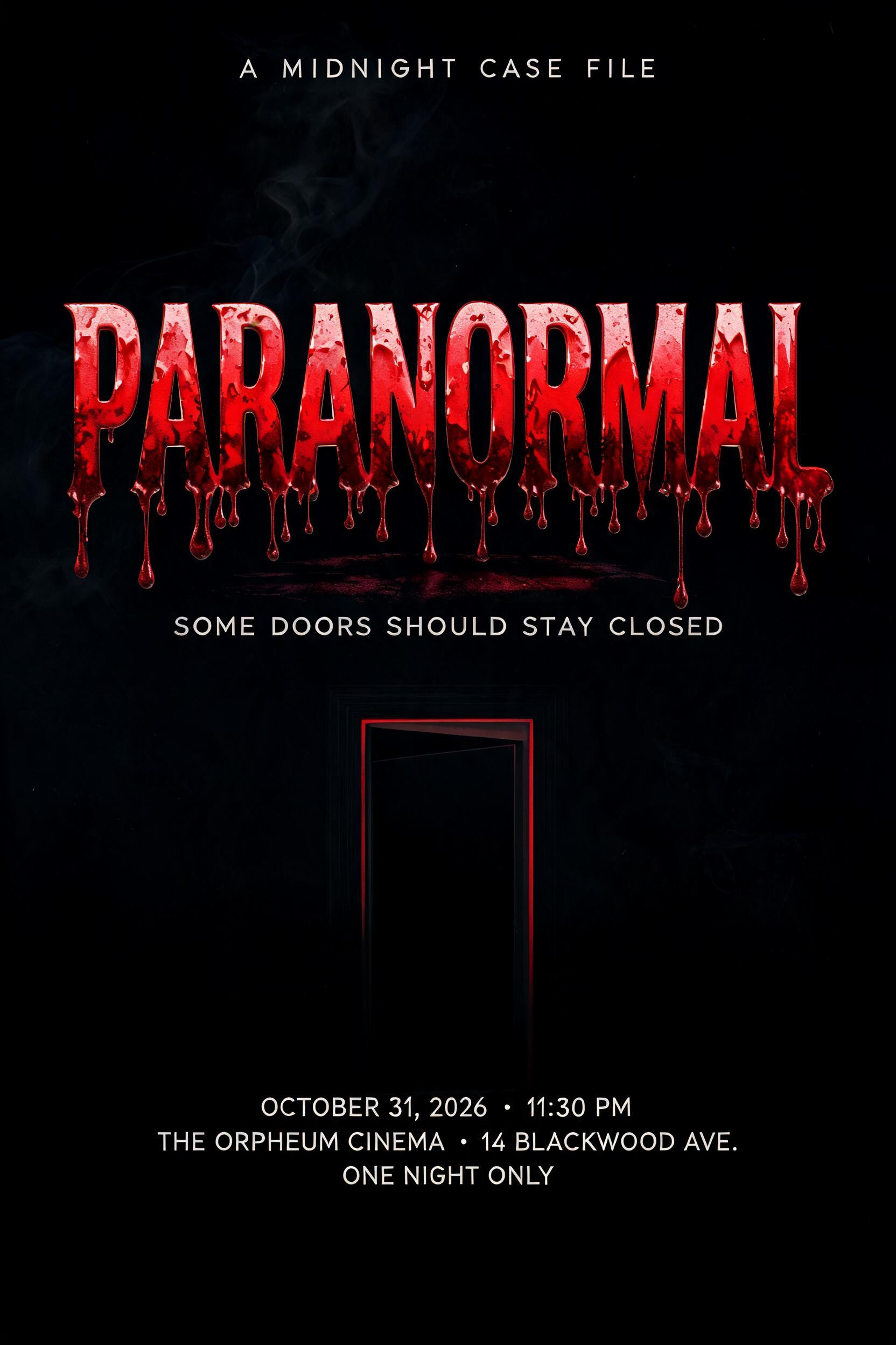"PARANORMAL
A MIDNIGHT CASE FILE
SOME DOORS SHOULD STAY CLOSED
OCTOBER 31, 2026  •  11:30 PM
THE ORPHEUM CINEMA  •  14 BLACKWOOD AVE.
ONE NIGHT ONLY" — Drip Font Blood | AI Text Effect Generator