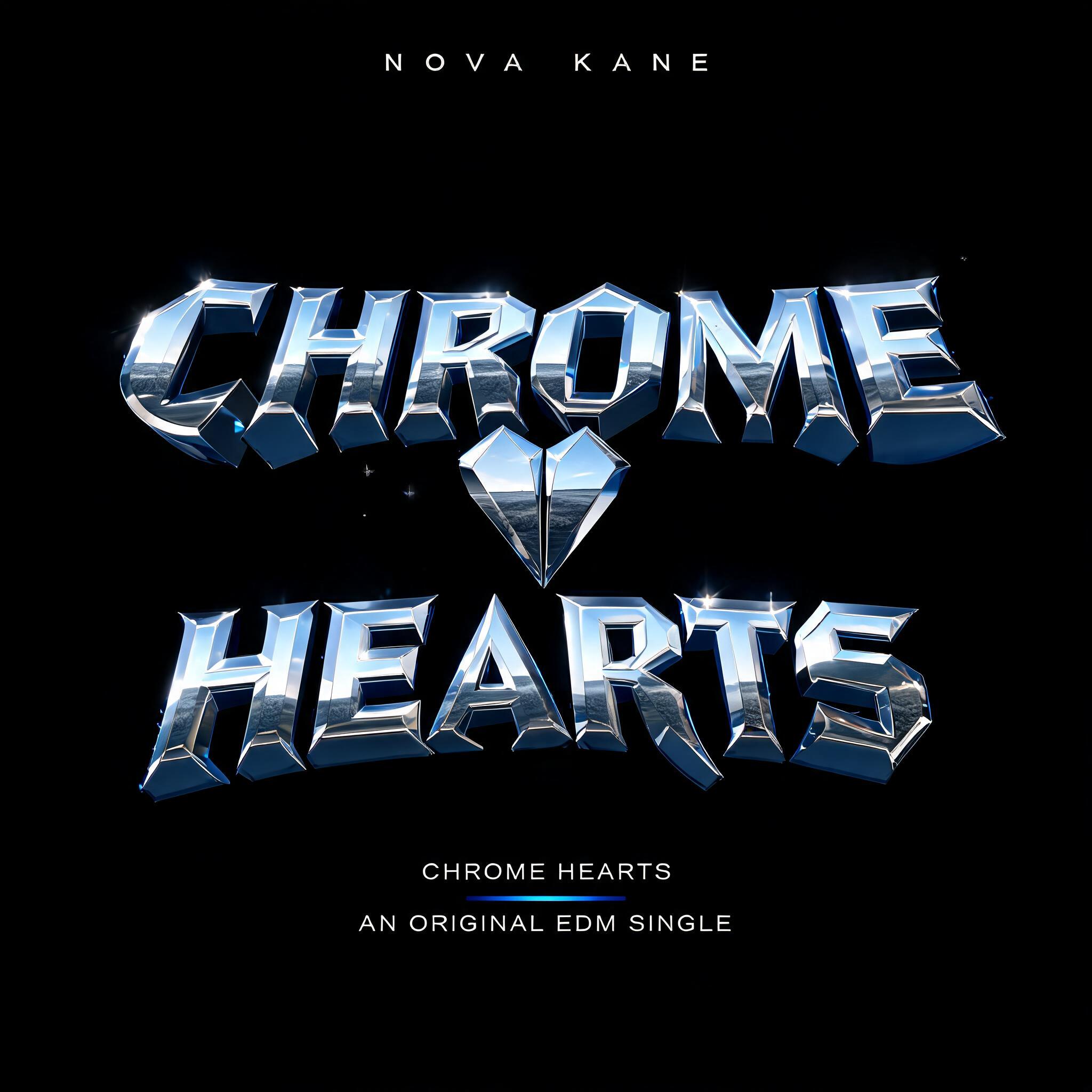 "CHROME
HEARTS
NOVA KANE
CHROME HEARTS
AN ORIGINAL EDM SINGLE" — Chrome Metal 3d text effect