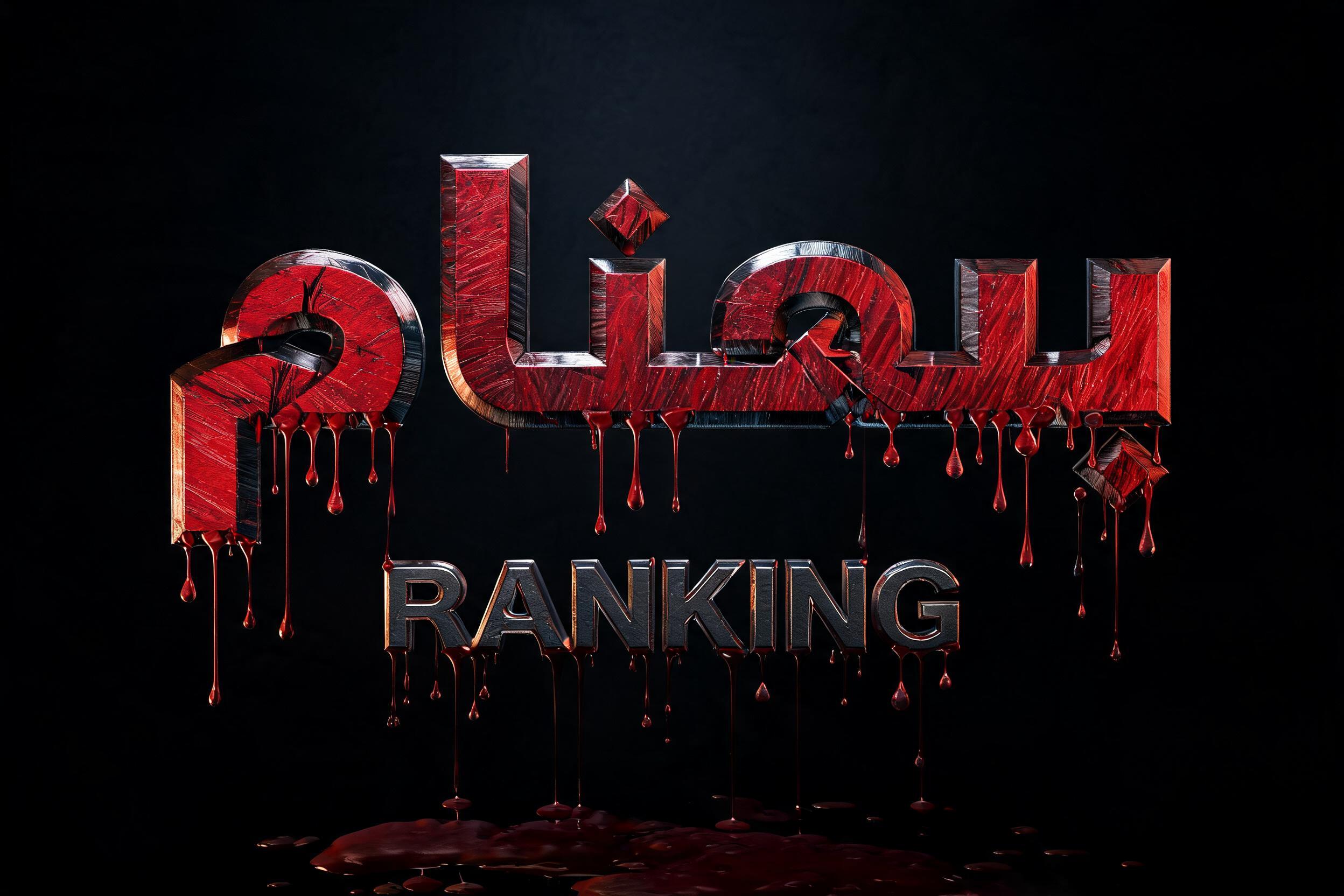 "high-impact 3D sports logo featuring the word "بهنام" massive, bold, sharp angular letters. Crimson red brushed metal texture with chiseled, bevelled dark steel edges. Below it, the word "RANKING" in extruded dark metallic silver font.6" — Drip Font Blood | AI Text Effect Generator