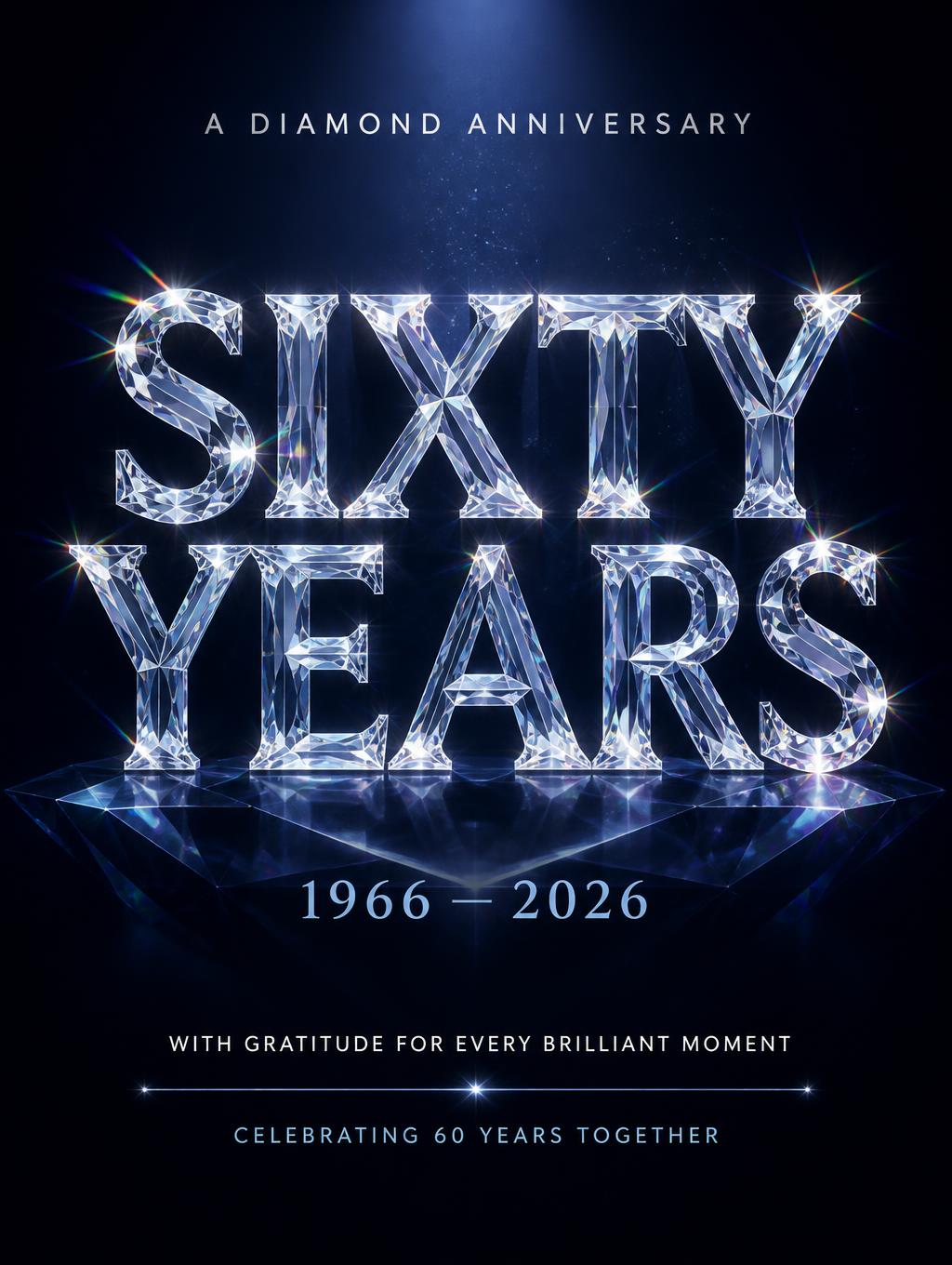"SIXTY
YEARS
A DIAMOND ANNIVERSARY
1966 — 2026
WITH GRATITUDE FOR EVERY BRILLIANT MOMENT
CELEBRATING 60 YEARS TOGETHER" — Glass Crystal | AI Text Effect Generator