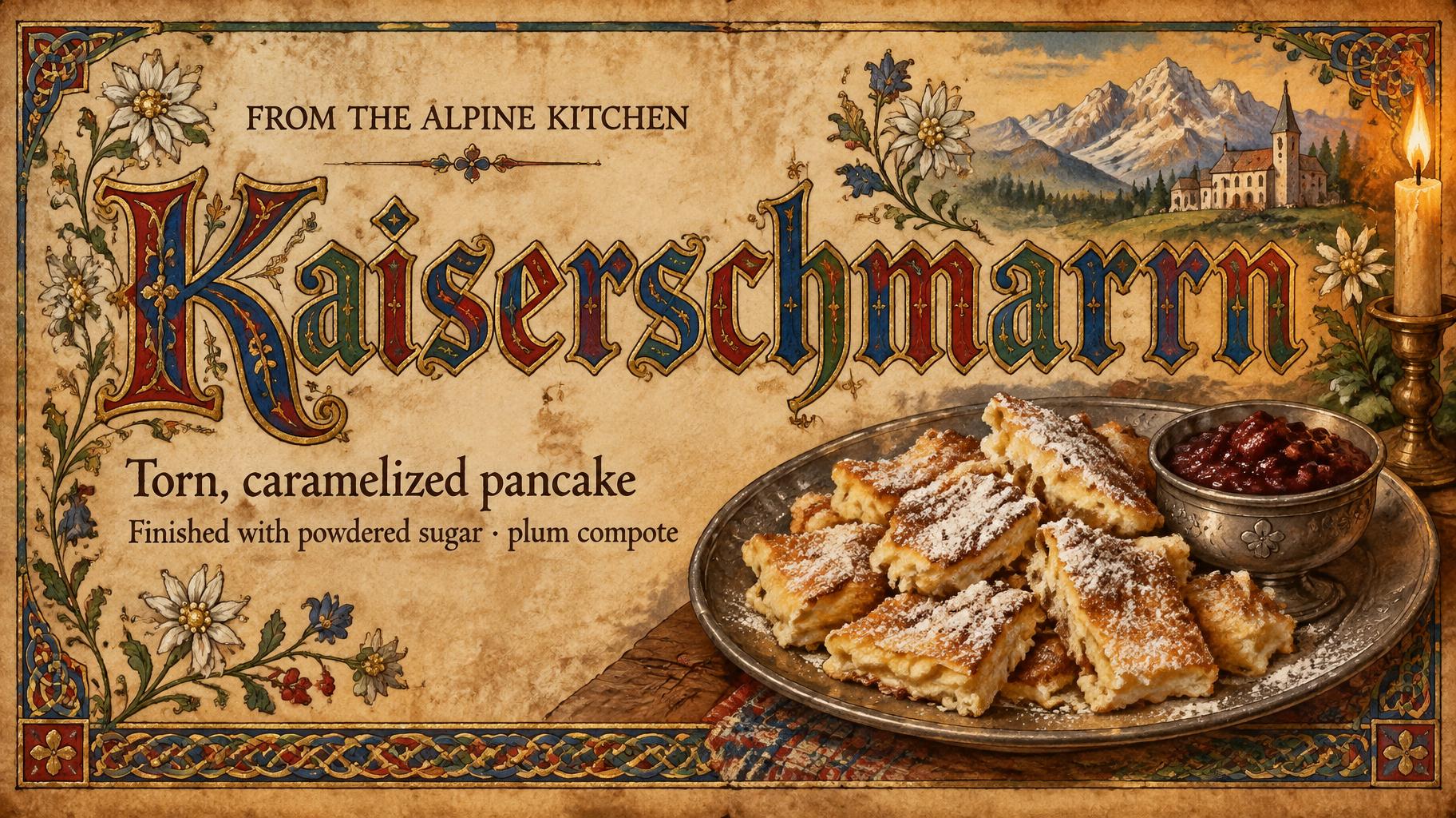 "Kaiserschmarrn
FROM THE ALPINE KITCHEN
Torn, caramelized pancake
Finished with powdered sugar · plum compote" — Medieval | AI Text Effect Generator